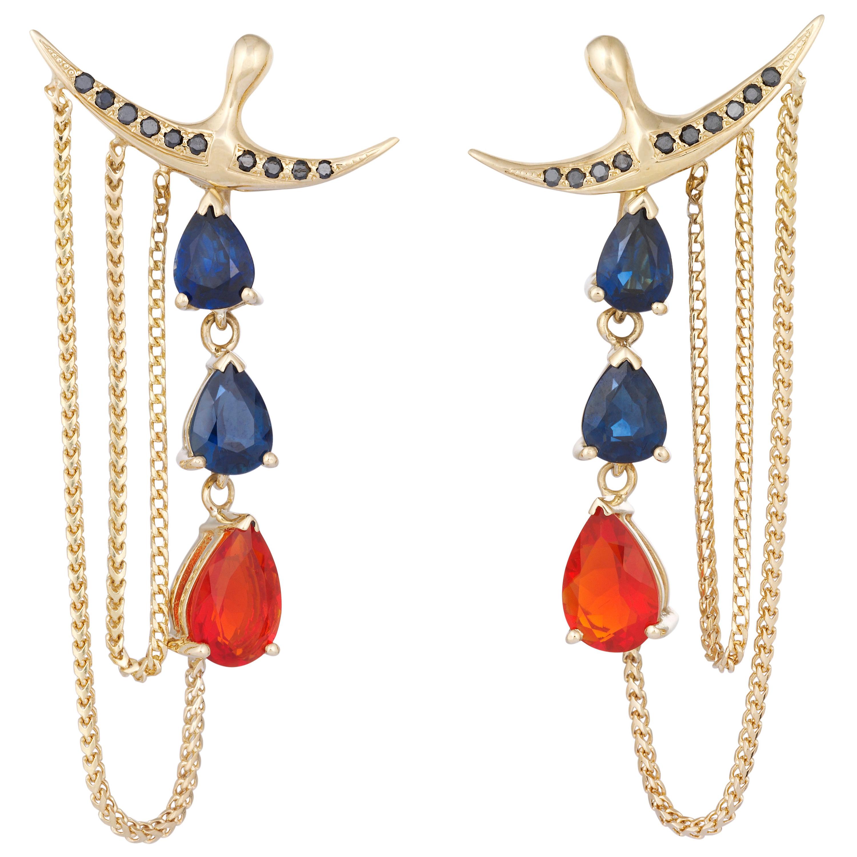 MAIKO NAGAYAMA Black Diamond Fire Opal Blue Sapphire 18K Contemporary Earrings For Sale