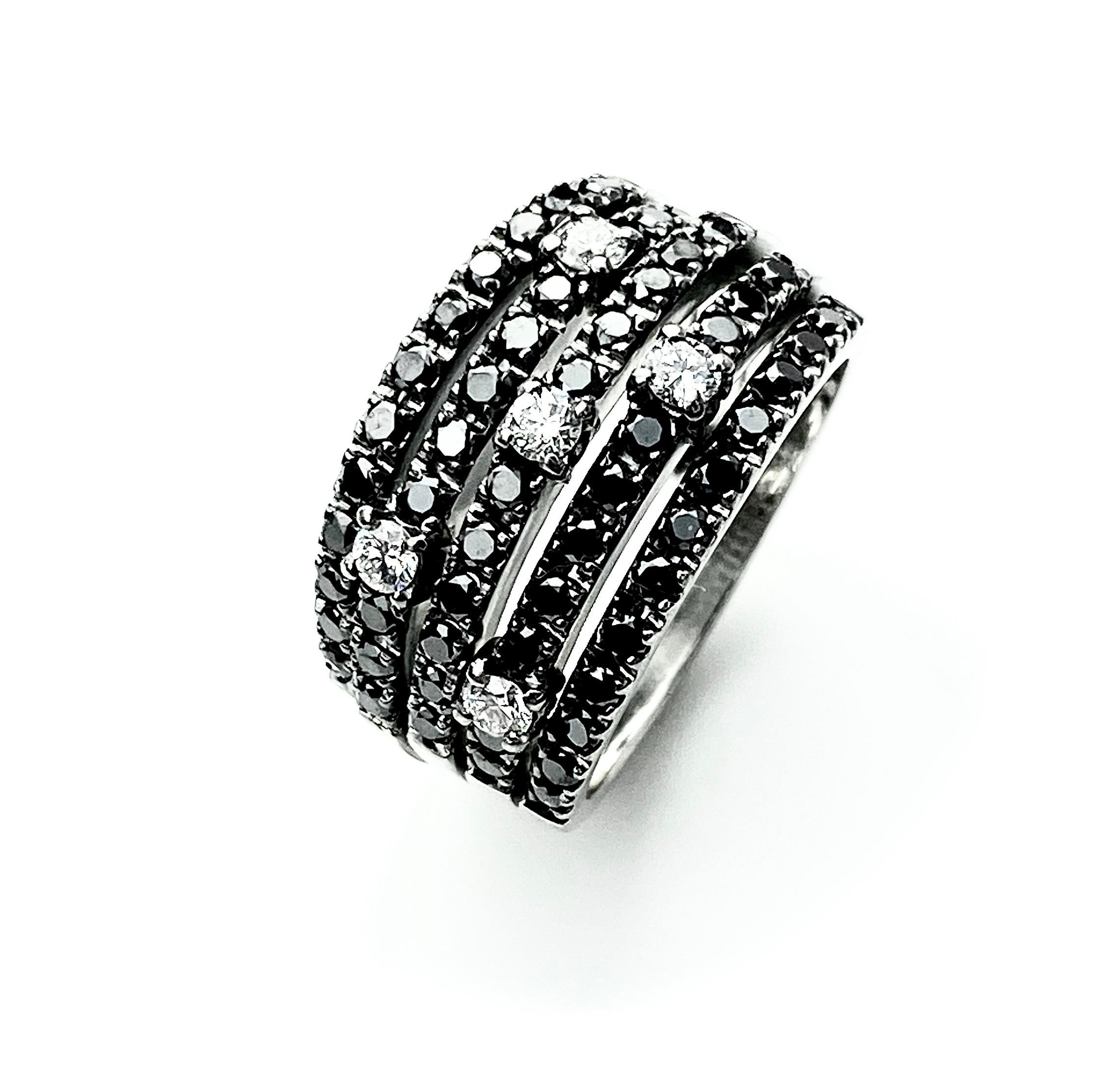 Contemporary Black Diamond Five-Row Ring with White Diamond Accents For Sale