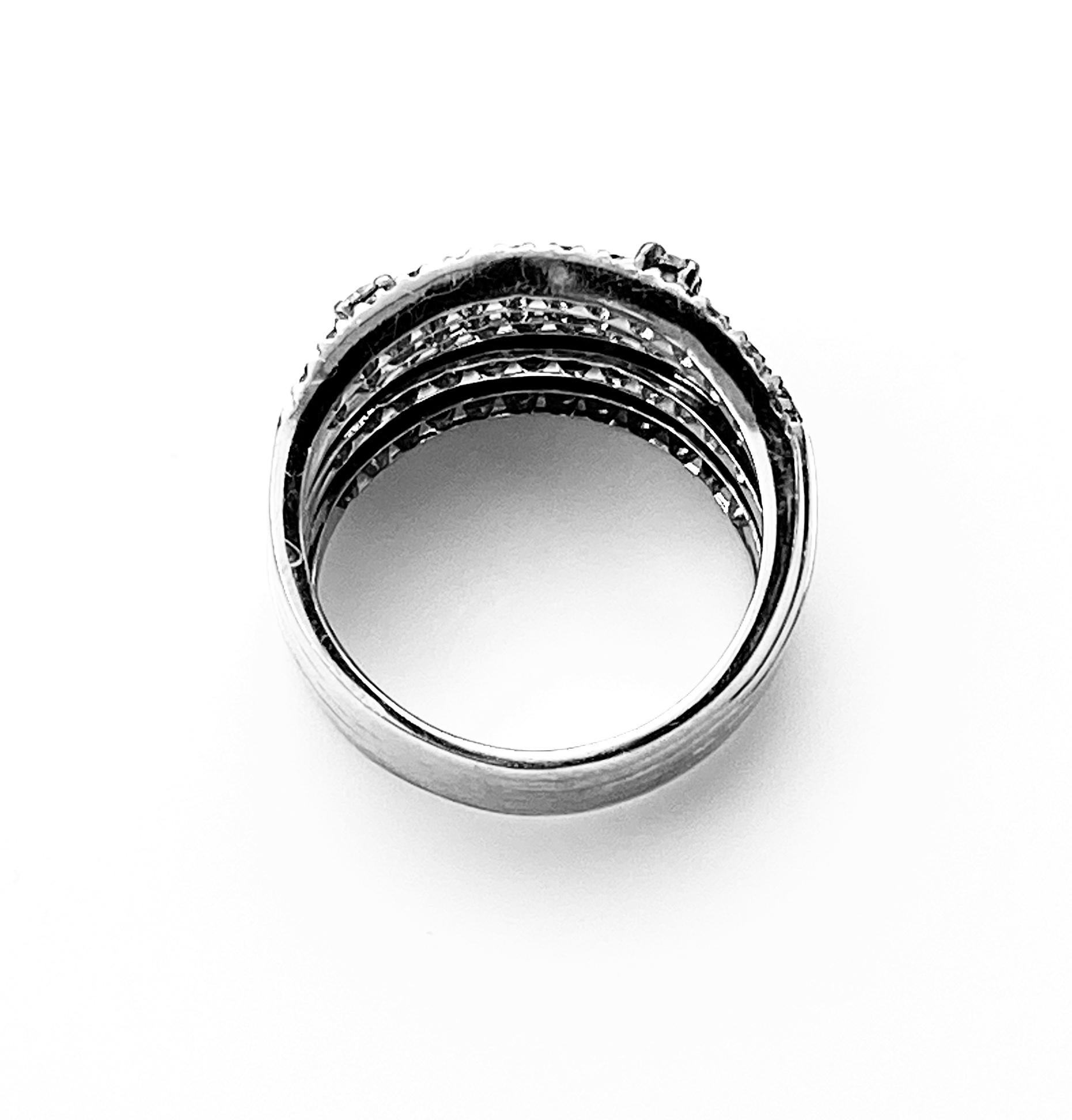 Round Cut Black Diamond Five-Row Ring with White Diamond Accents For Sale