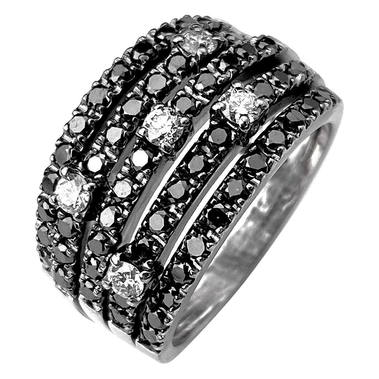 Black Diamond Five-Row Ring with White Diamond Accents For Sale