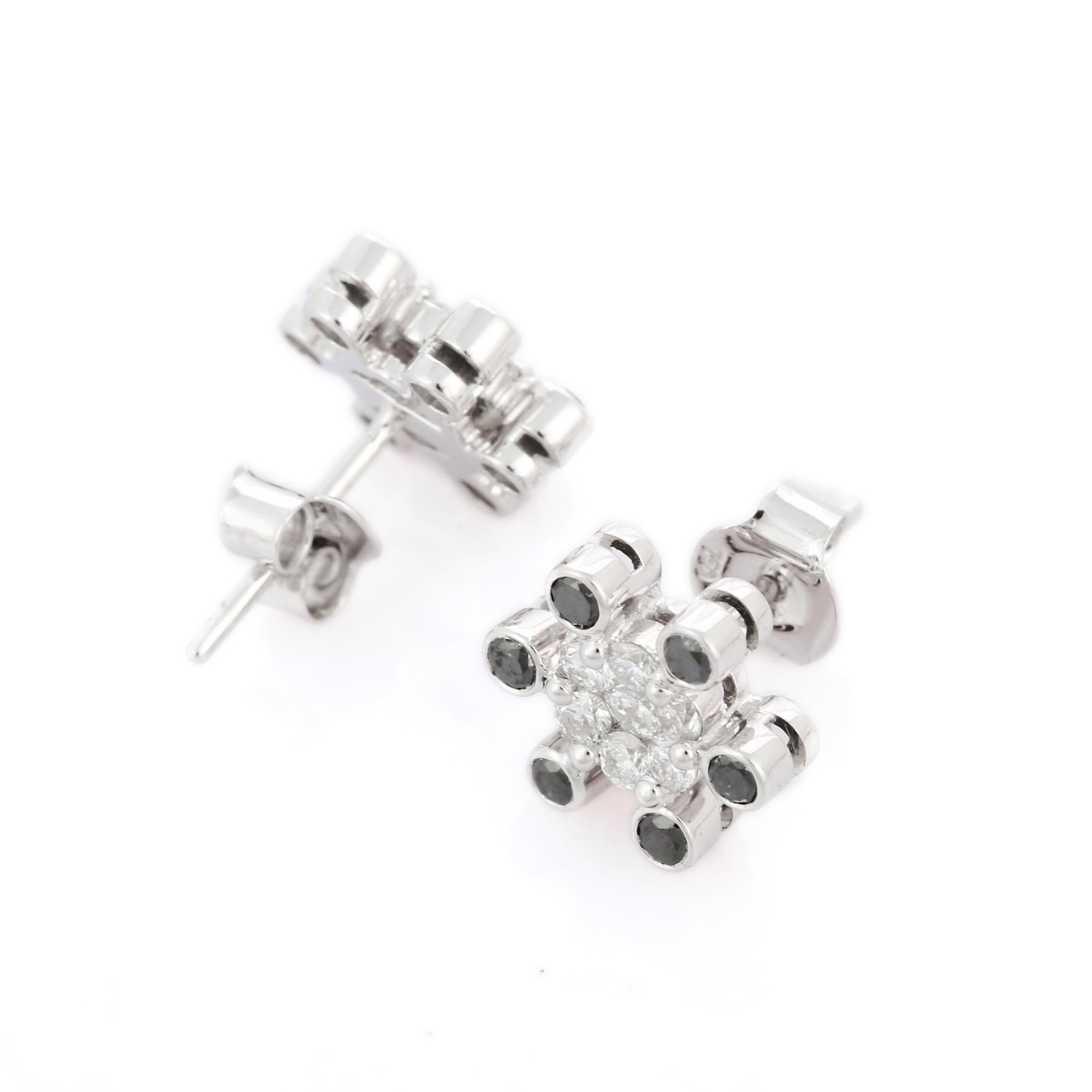 Art Deco Black Diamond Floral Stud Earrings in 18K White Gold with Clustered Diamonds For Sale