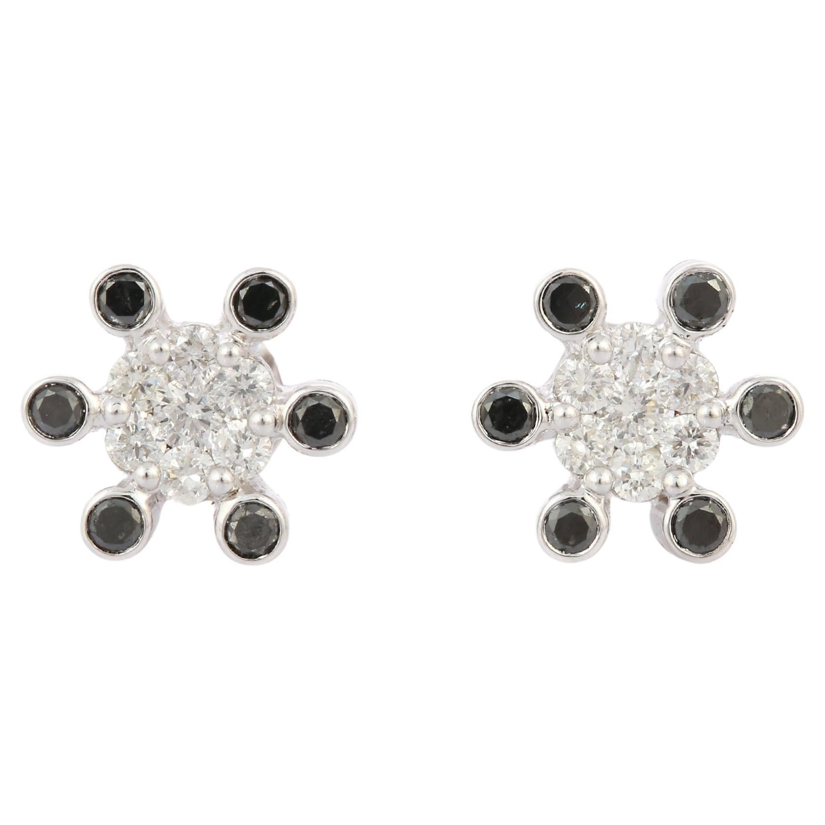 Black Diamond Floral Stud Earrings in 18K White Gold with Clustered Diamonds For Sale