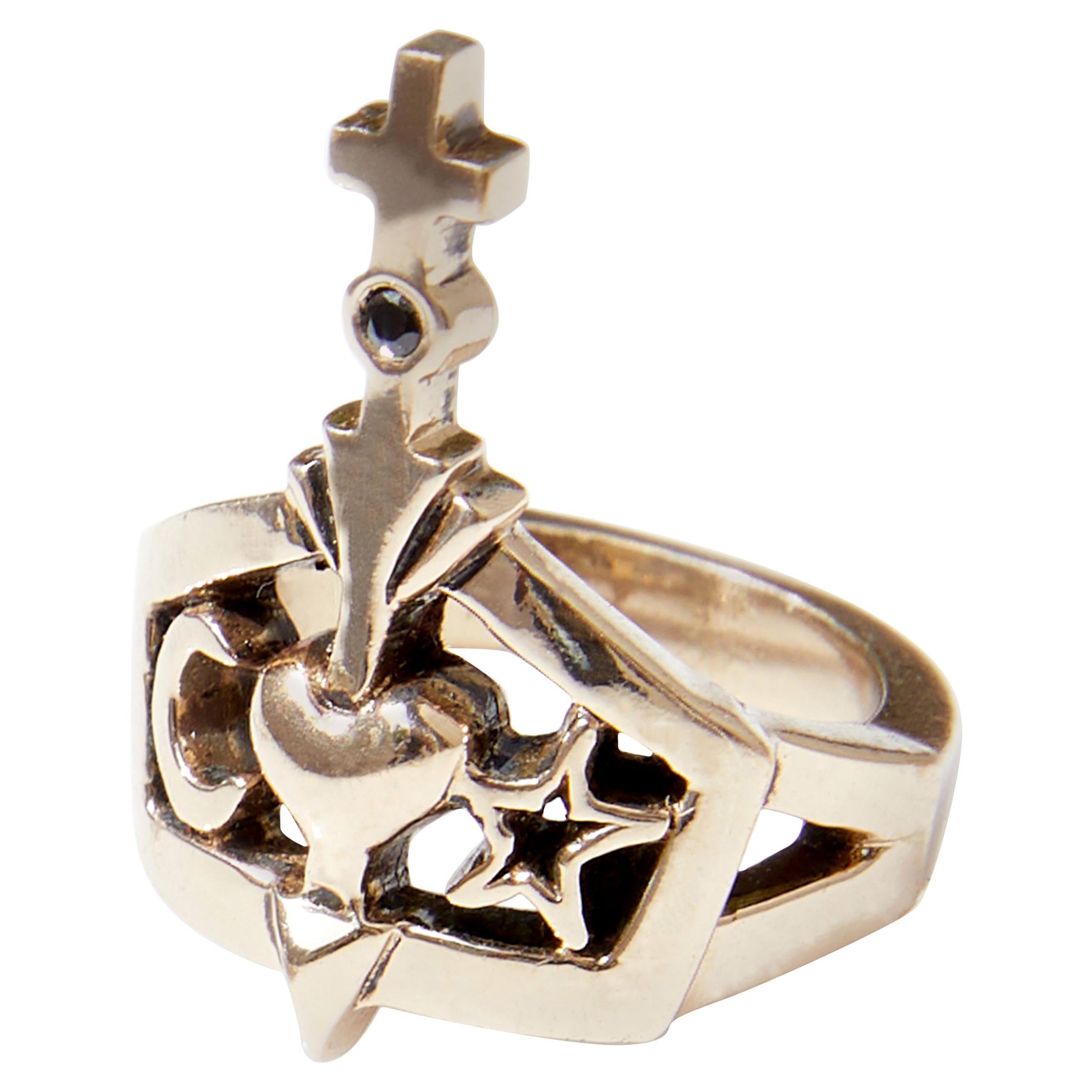Ring mit Pfeil, Kreuz, Herz und Mond – Cocktailring aus Gold mit schwarzem Diamanten im Angebot