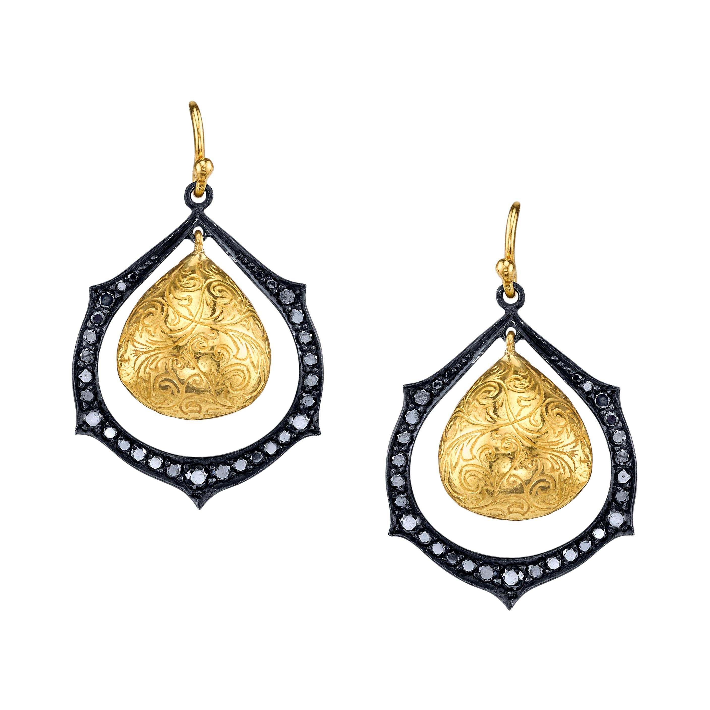 Black Diamond & Gold Engraved Drop Earrings For Sale
