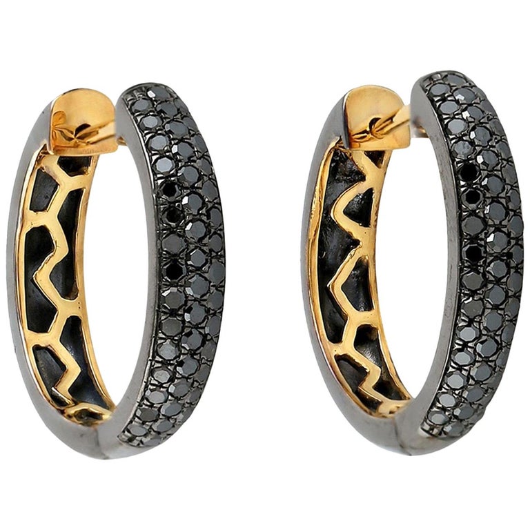 Black Diamond Gold Huggie Hoop Earrings For Sale at 1stDibs