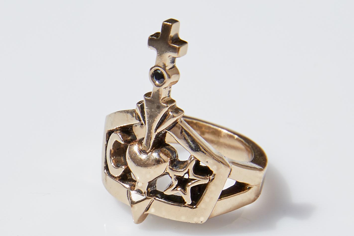 Contemporary Black Diamond Gold Ring Cross Moon Star Heart J Dauphin For Sale