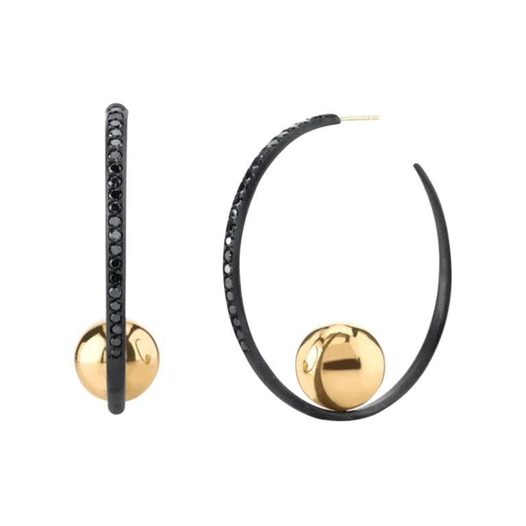 Black Diamond & Gold Sphere Hoop Earrings For Sale