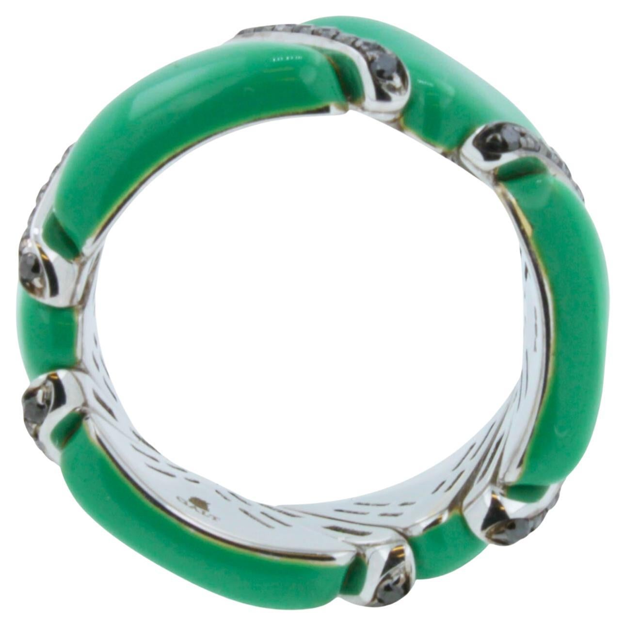 Eternity-Ring aus 18 Karat Weißgold mit schwarzer Diamant und grüner Emaille, einzigartiger italienischer Ring (Art déco) im Angebot