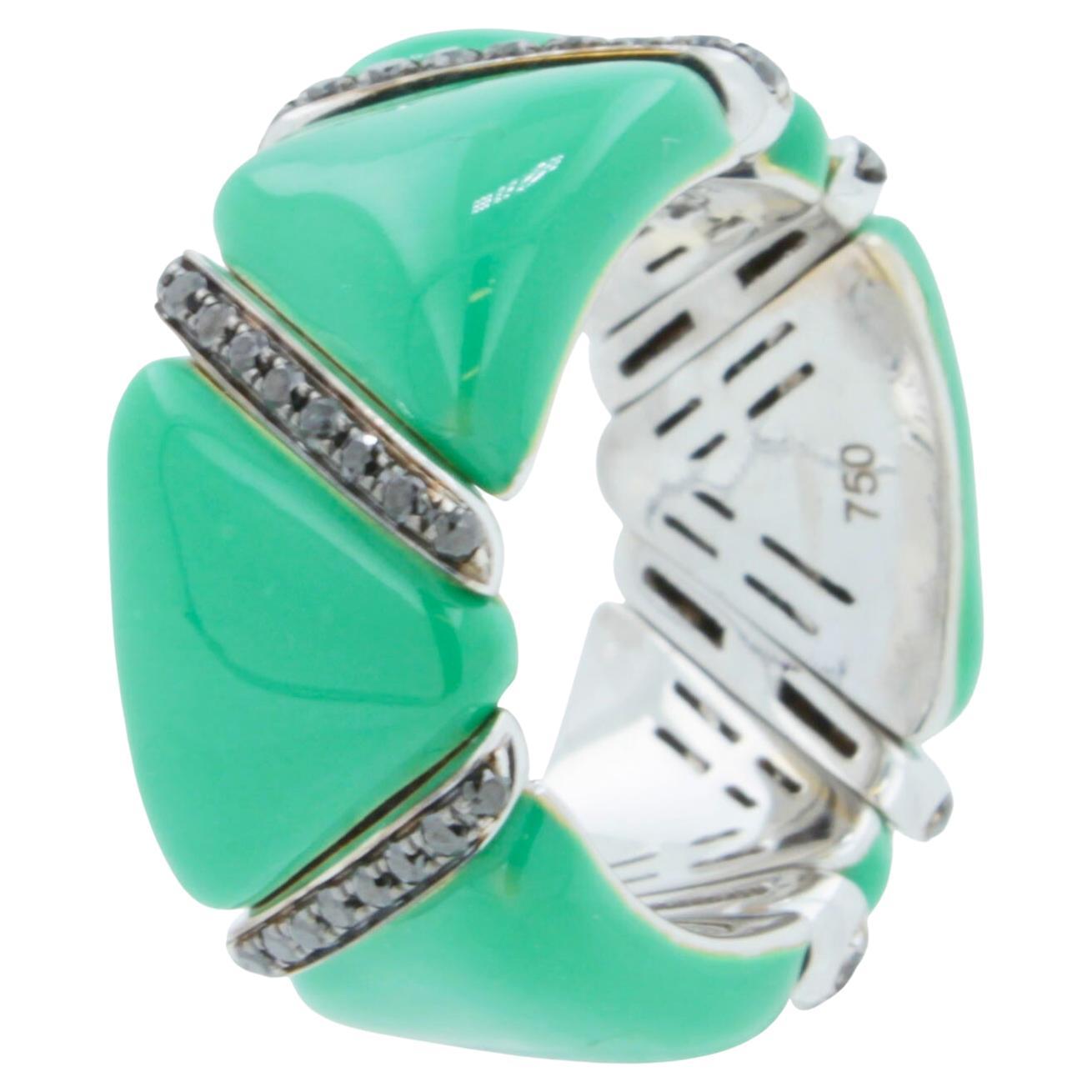 Eternity-Ring aus 18 Karat Weißgold mit schwarzer Diamant und grüner Emaille, einzigartiger italienischer Ring im Angebot