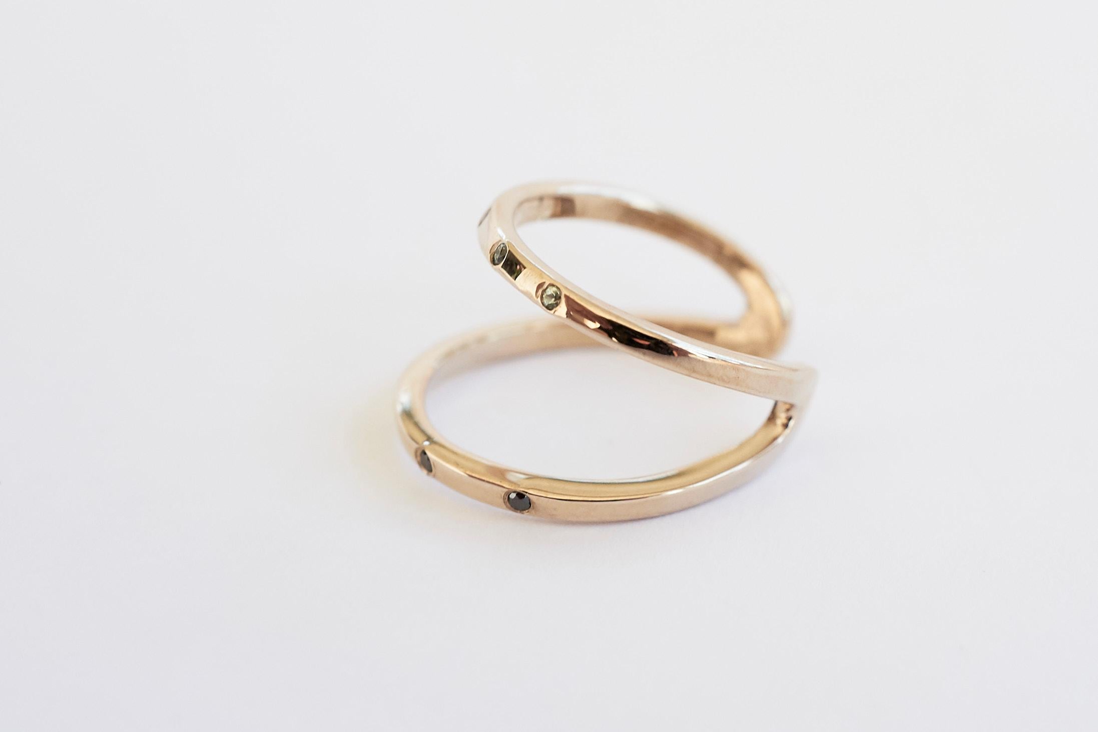 Women's Black Diamond Green Sapphire 14 Karat Gold Ring Adhustable Open For Sale