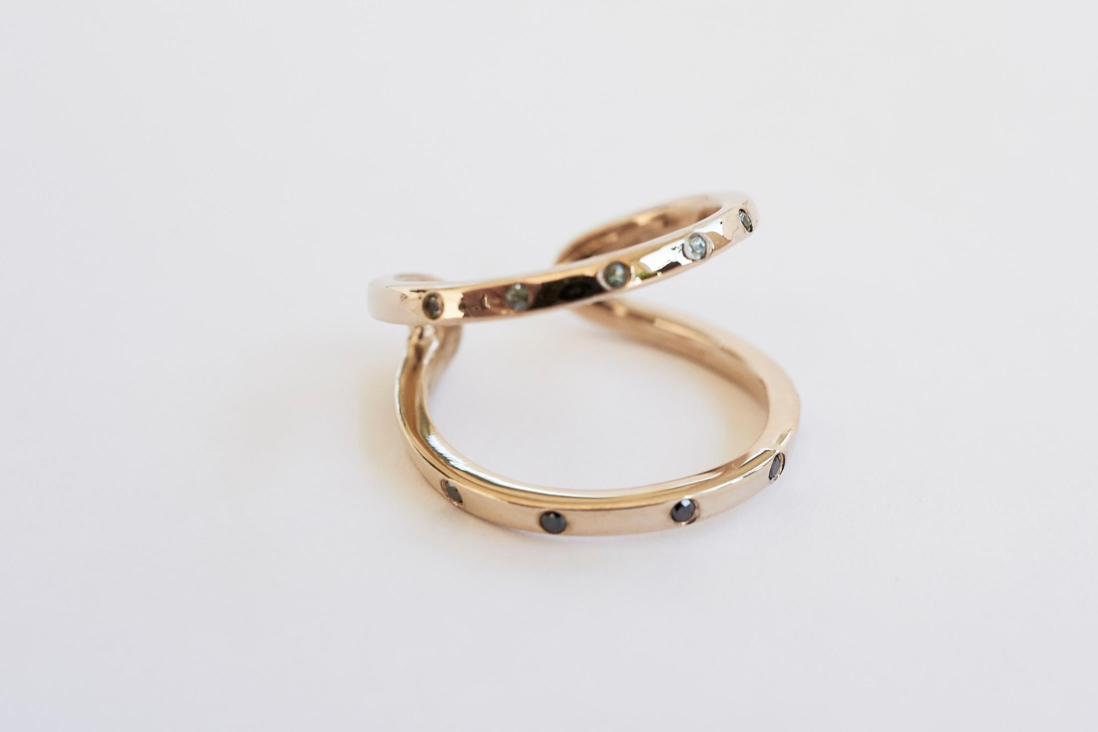 Black Diamond Green Sapphire 14 Karat Gold Ring Adhustable Open For Sale 2