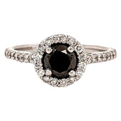 Bague de fiançailles en or blanc 14 carats avec halo de diamants noirs 1,32 carat