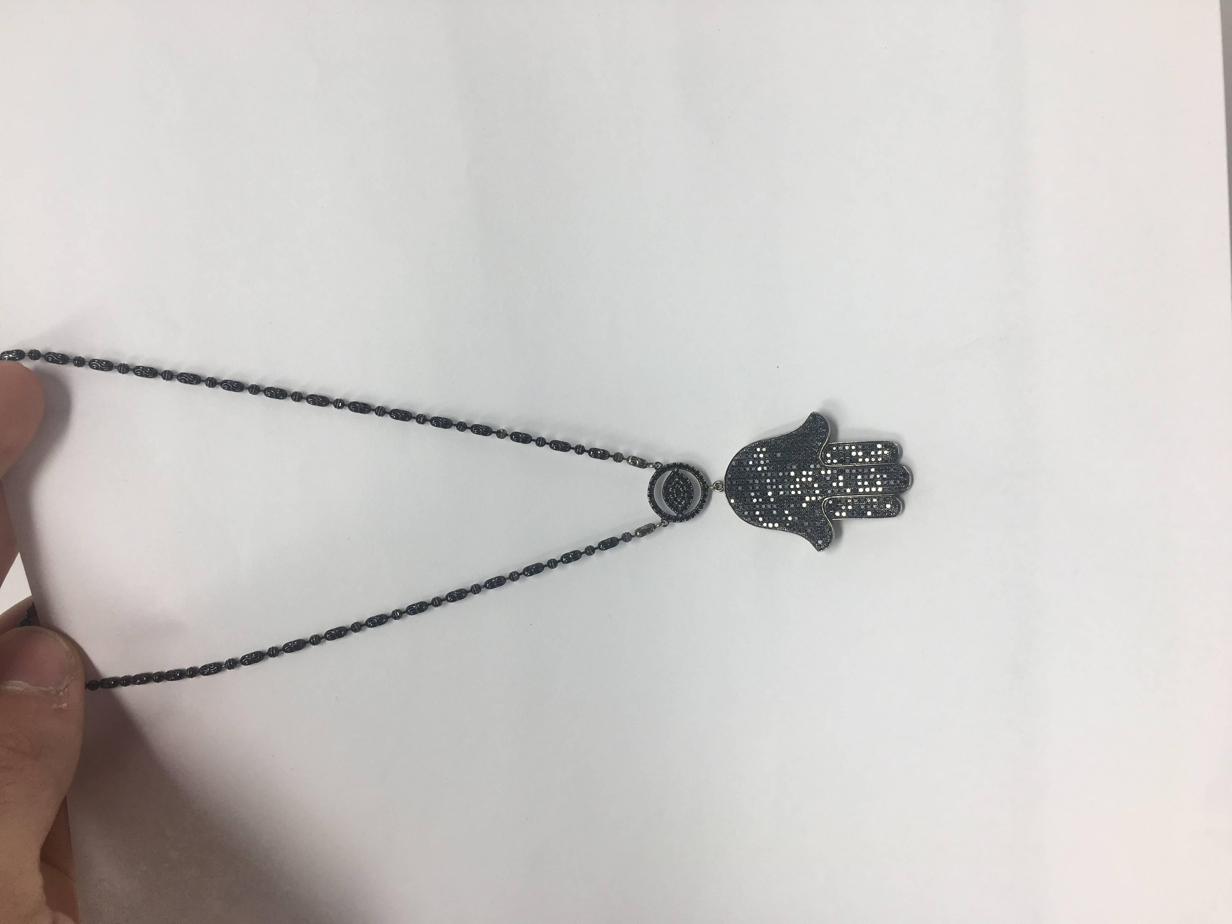 Black Diamond Hamsa Necklace  In Excellent Condition For Sale In Los Angeles, CA