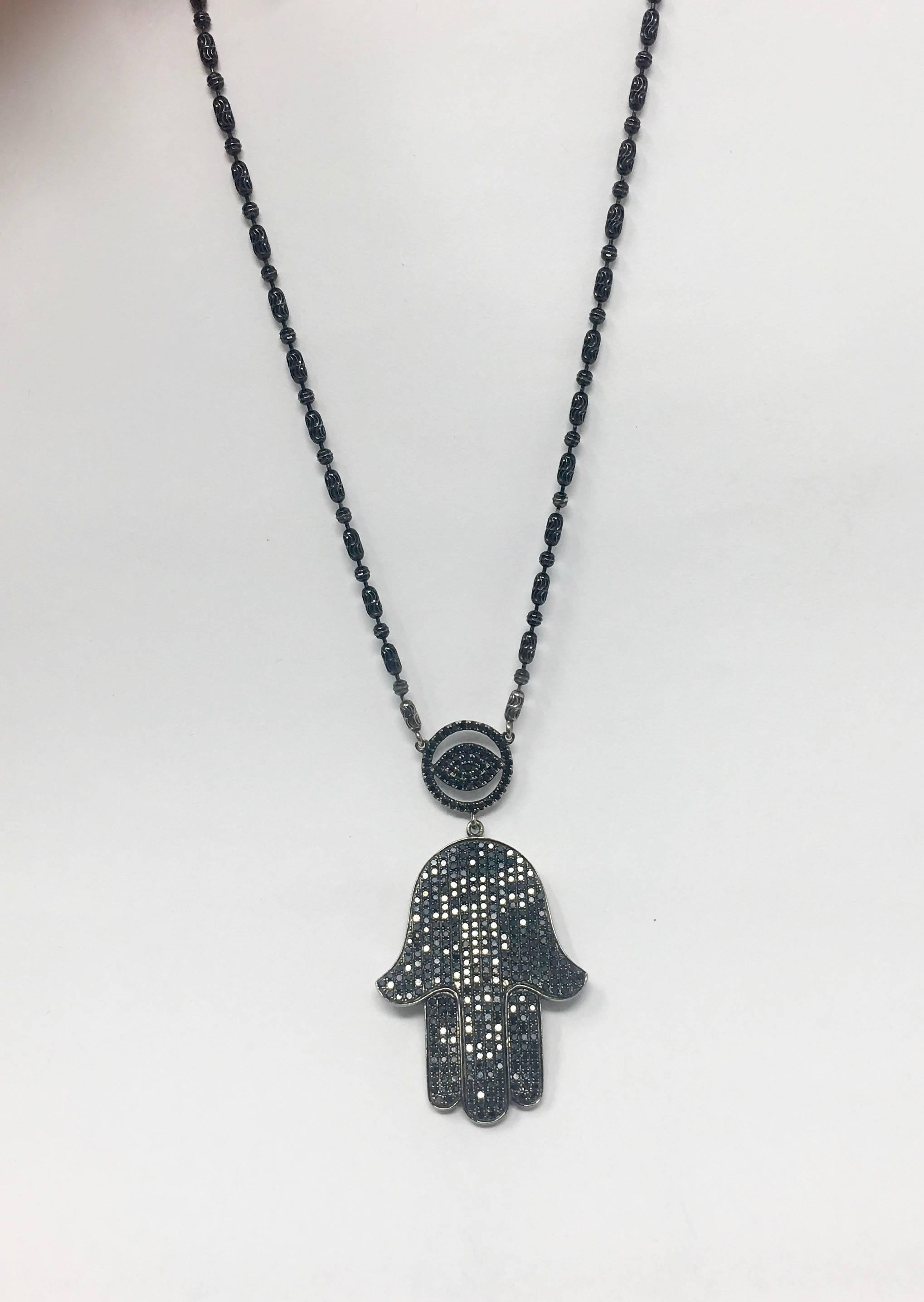 Women's or Men's Black Diamond Hamsa Necklace  For Sale