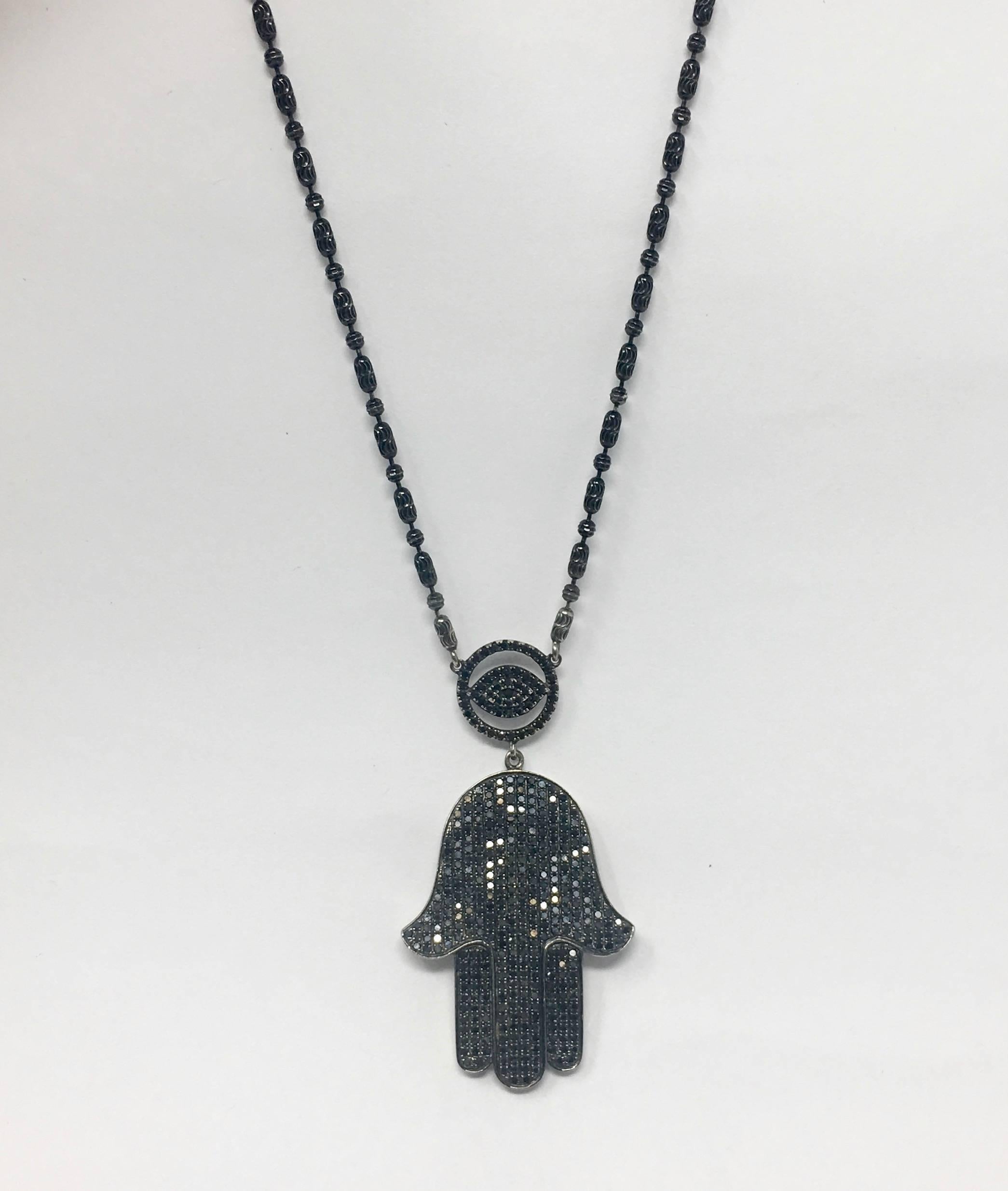 Black Diamond Hamsa Necklace  For Sale 1