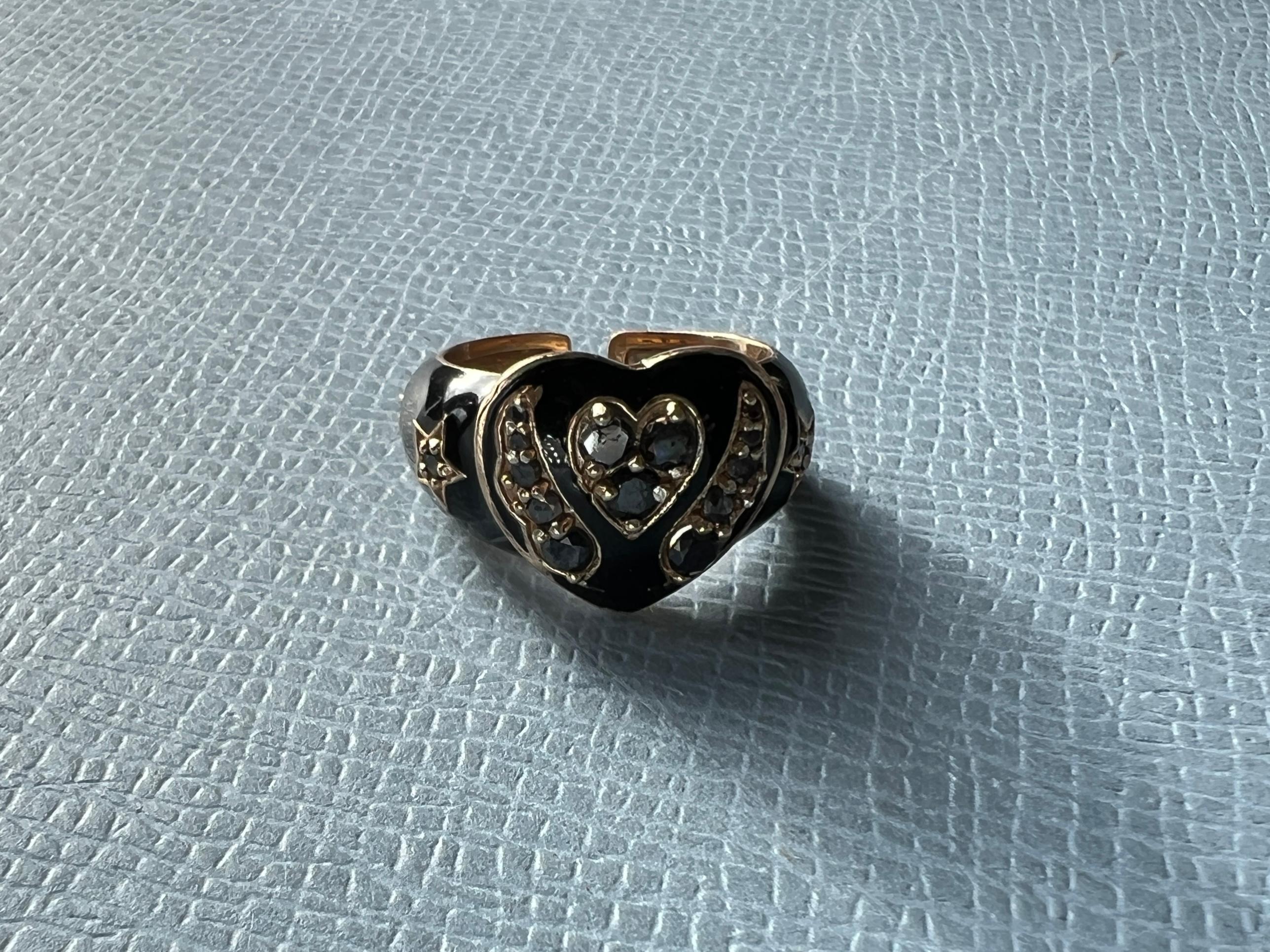 Victorian Black Diamond Heart Angel Wing Ring Black Enamel For Sale