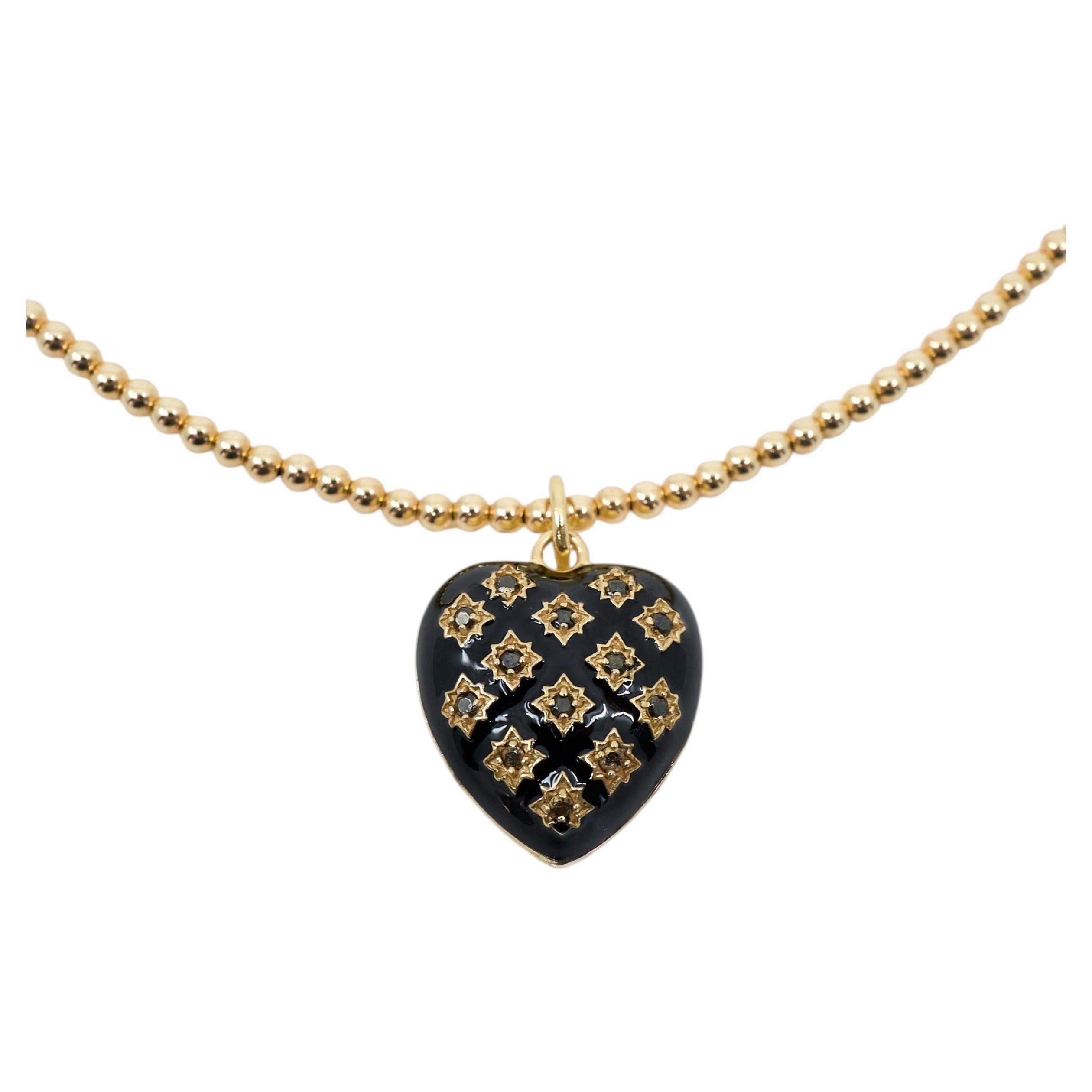 Herz-Halskette, schwarzer Emaille-Anhänger, schwarzer Diamant, Choker, Kugelkette, J Dauphin