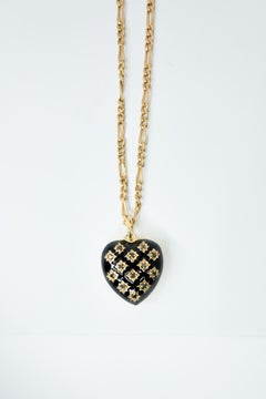 Collana con cuore di diamante nero Smalto nero placcato oro Revival vittoriano