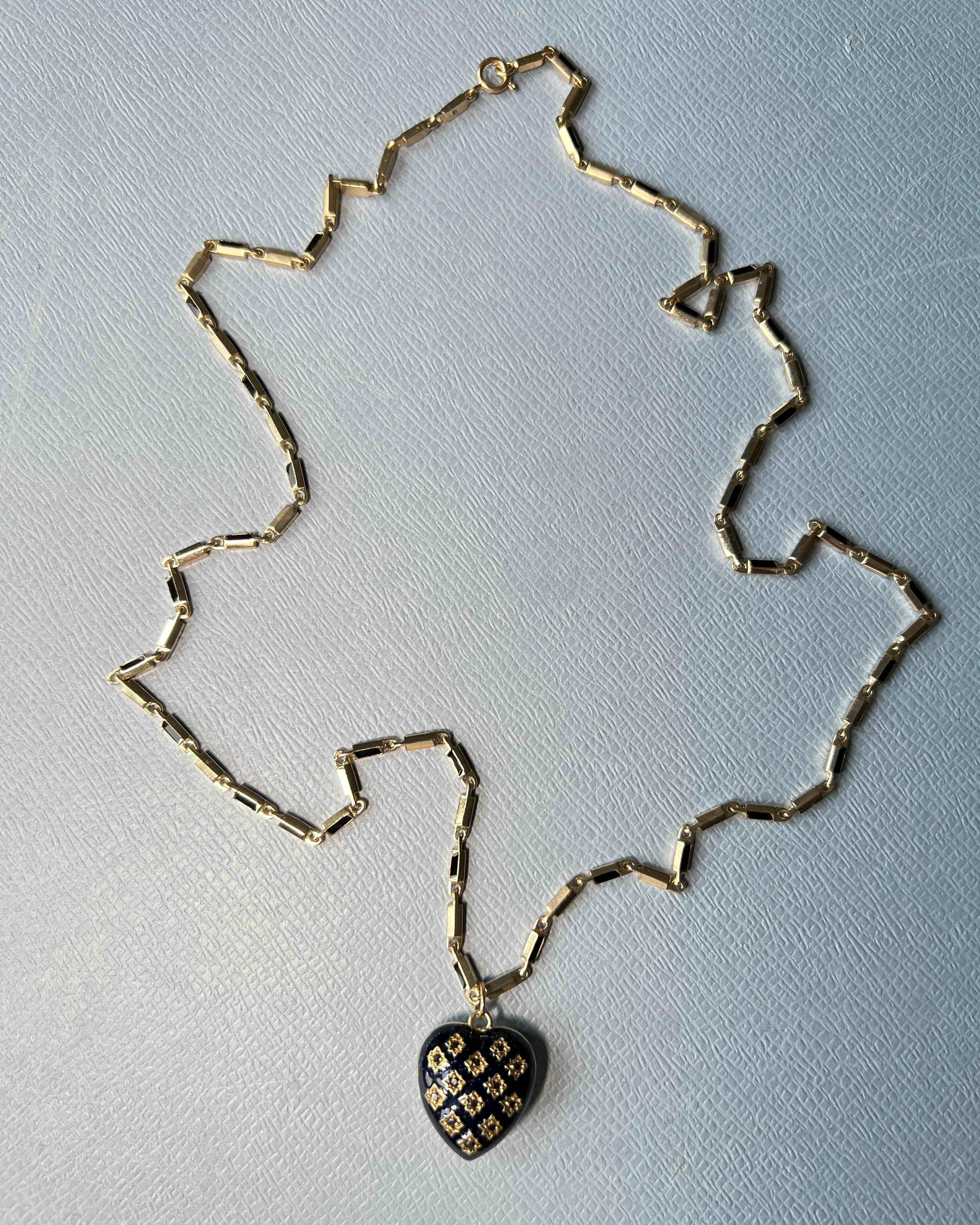 Black Diamond Heart Necklace Victorian Style Blue Enamel For Sale 3
