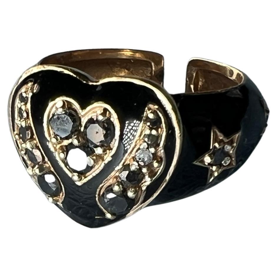 Victorian Black Diamond Heart Ring Black Enamel For Sale
