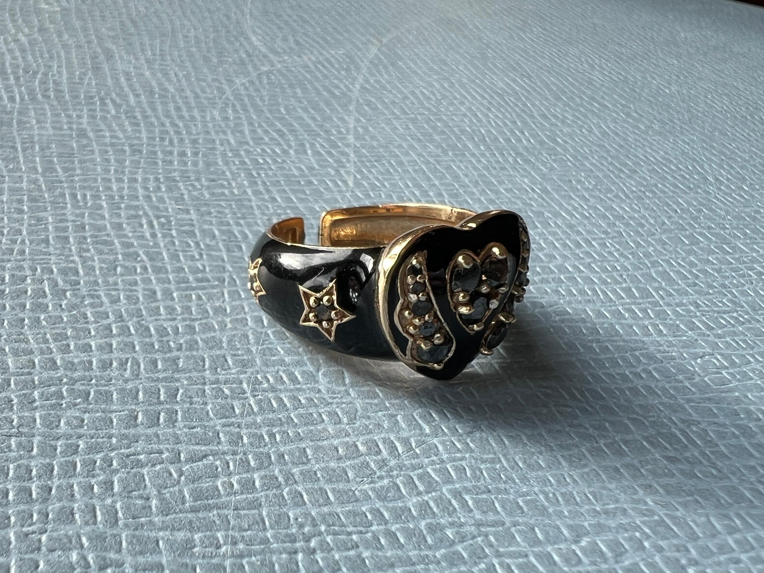 Women's Black Diamond Heart Ring Black Enamel For Sale