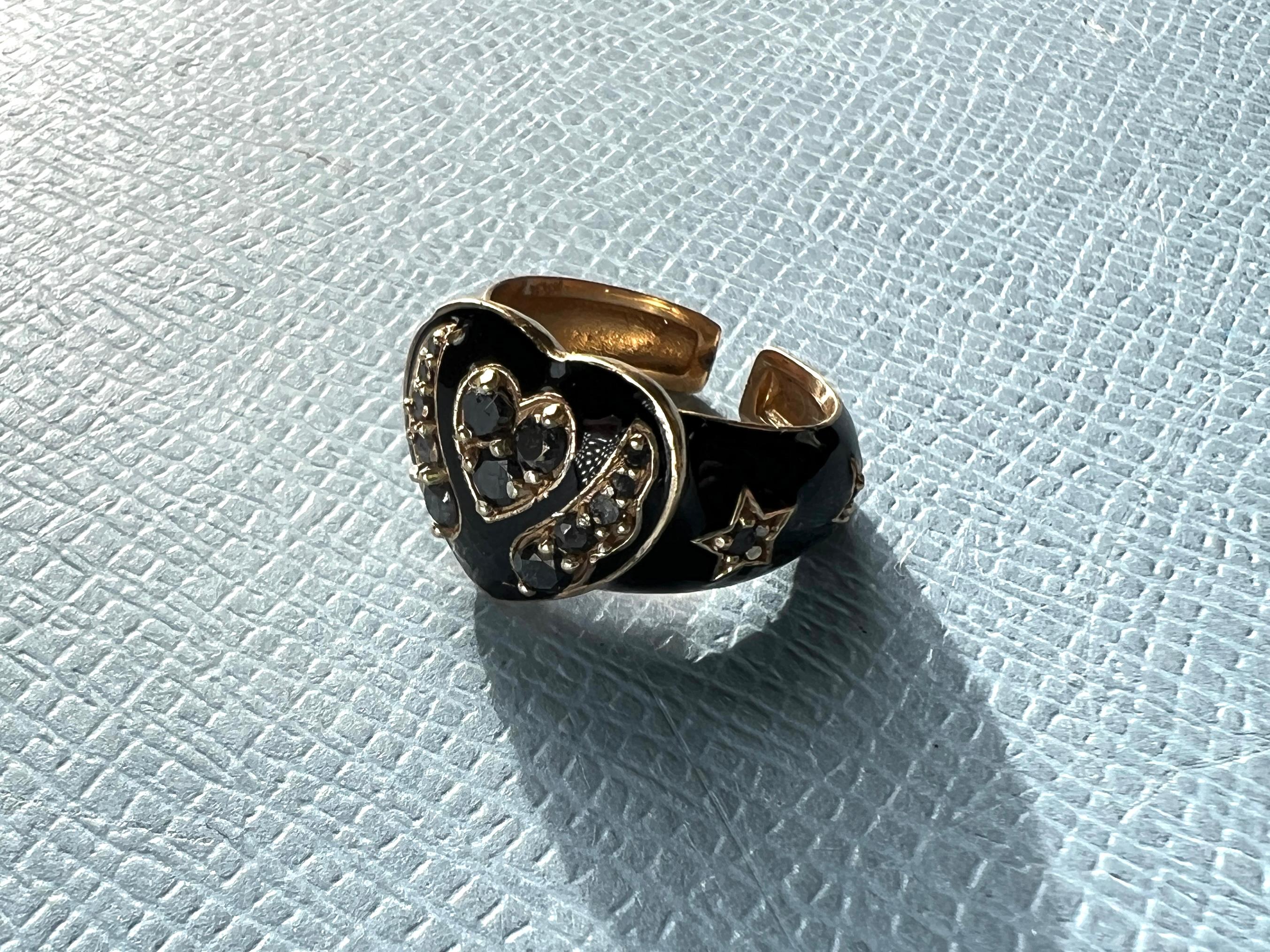 Black Diamond Heart Ring Black Enamel For Sale 2
