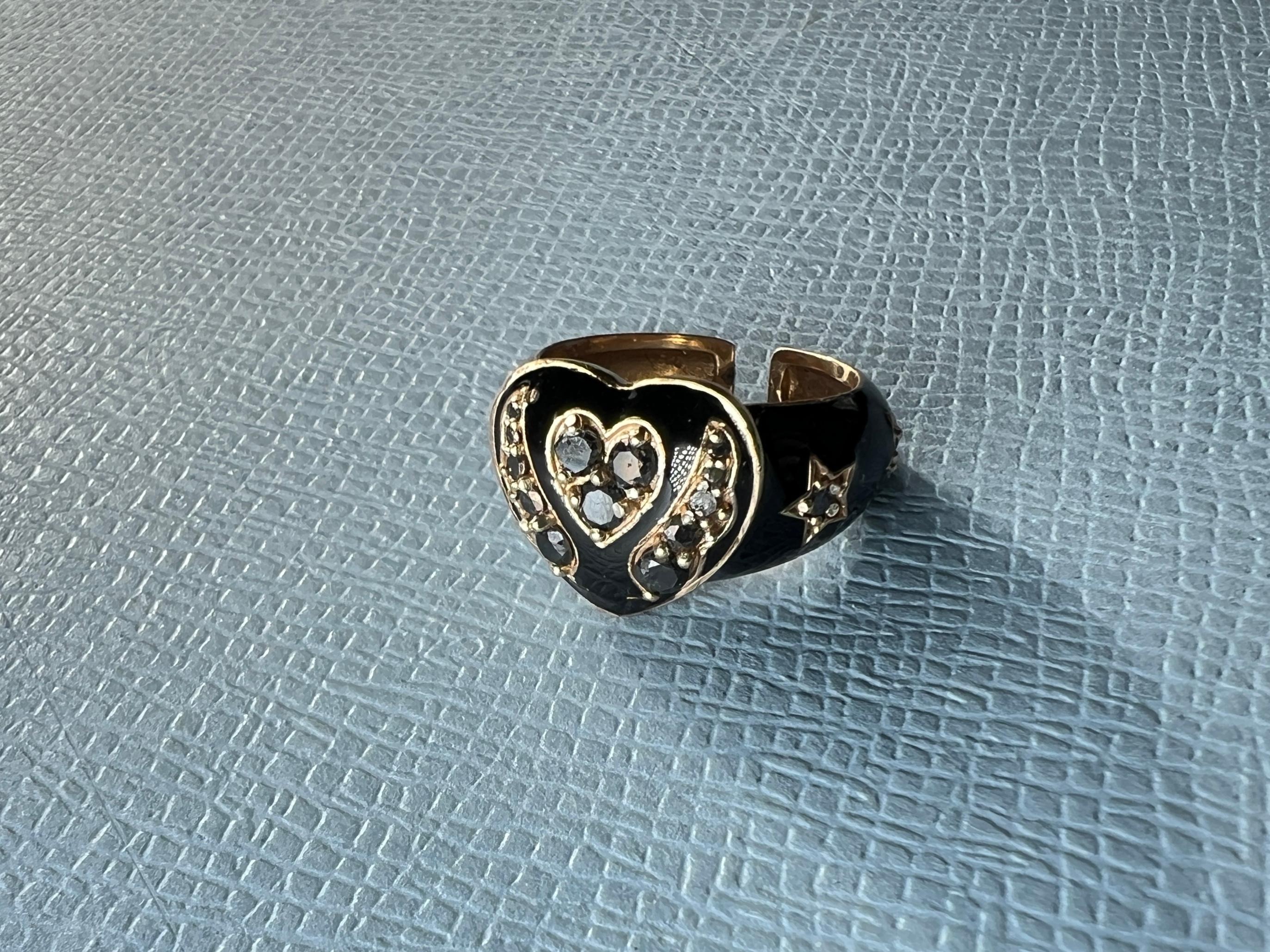 Black Diamond Heart Ring Black Enamel For Sale 3