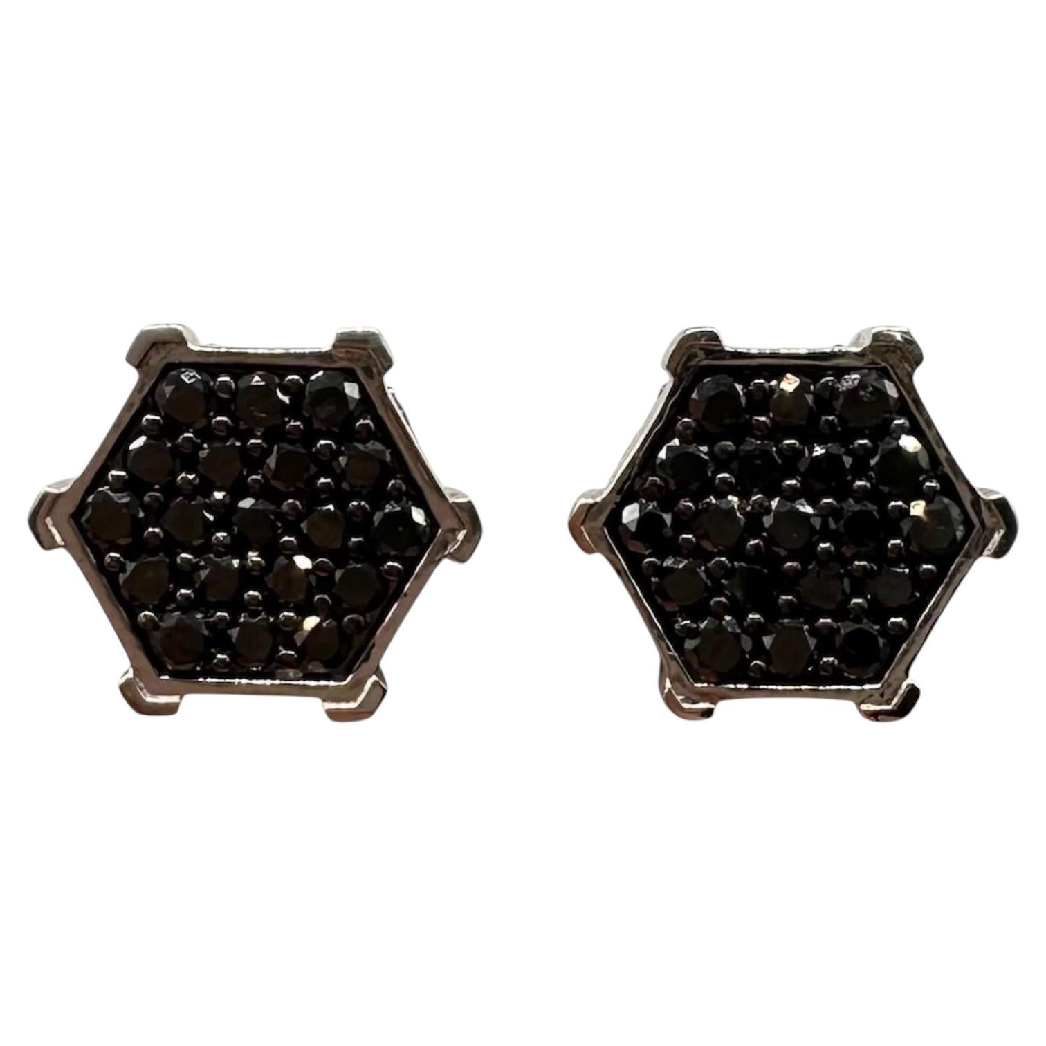 Black Diamond Hexagon Earrings Sterling Silver 1ctw Threaded Backs New