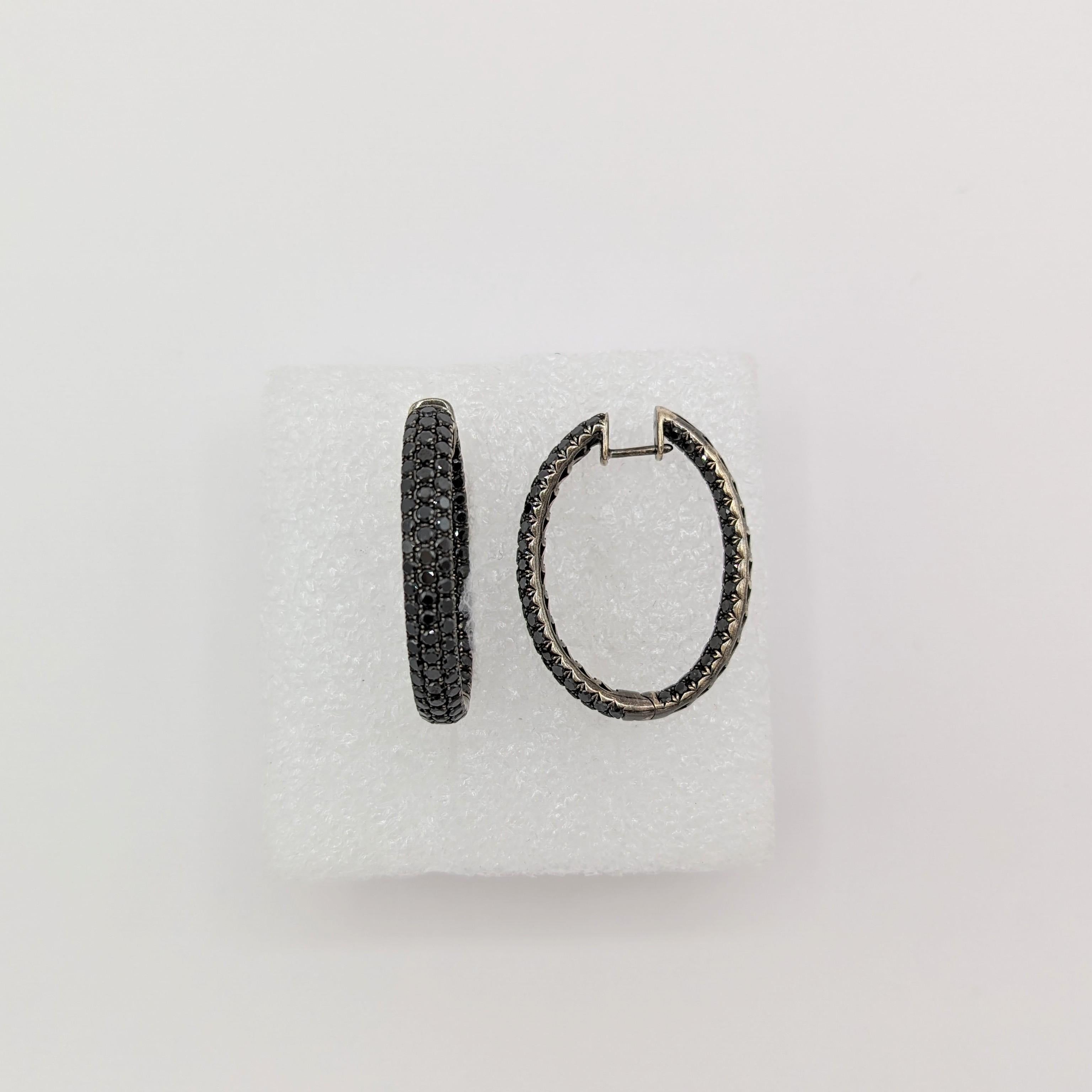 Round Cut Black Diamond Hoop Earrings in 18K White Gold & Black Rhodium For Sale