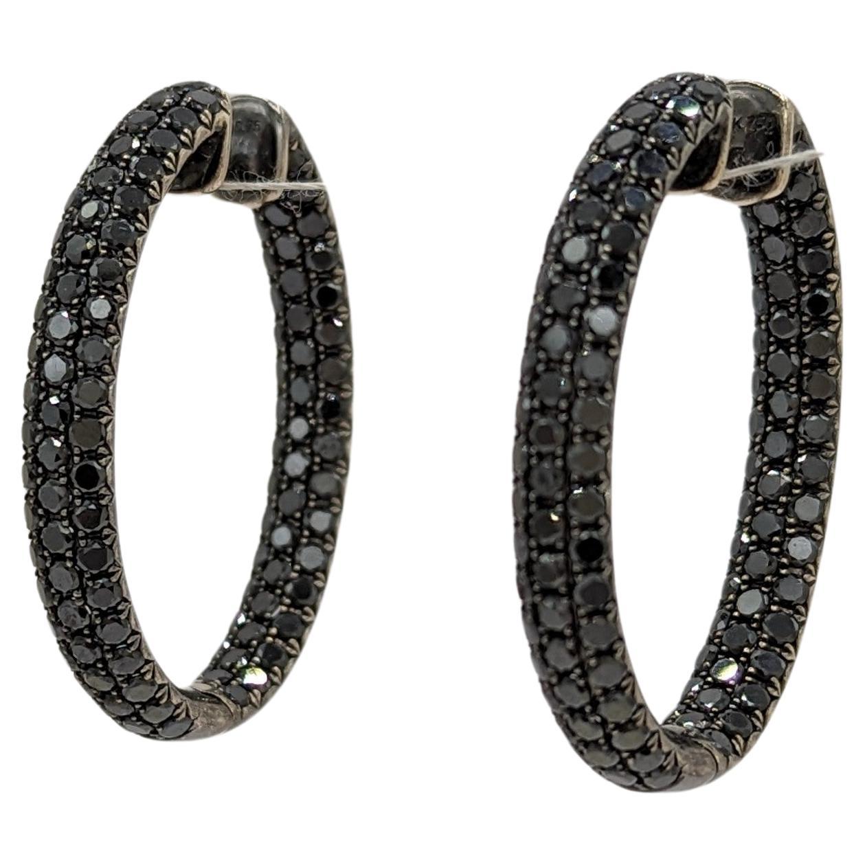 Black Diamond Hoop Earrings in 18K White Gold & Black Rhodium For Sale