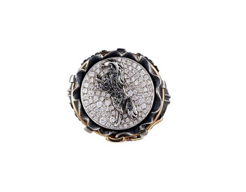 Don't tame the wild horse in you - set it free. Make a journey into life, take that step...

Sterling & 18K Yellow Gold

White Diamonds: .54cts

Black Diamonds: .20cts

Size medium