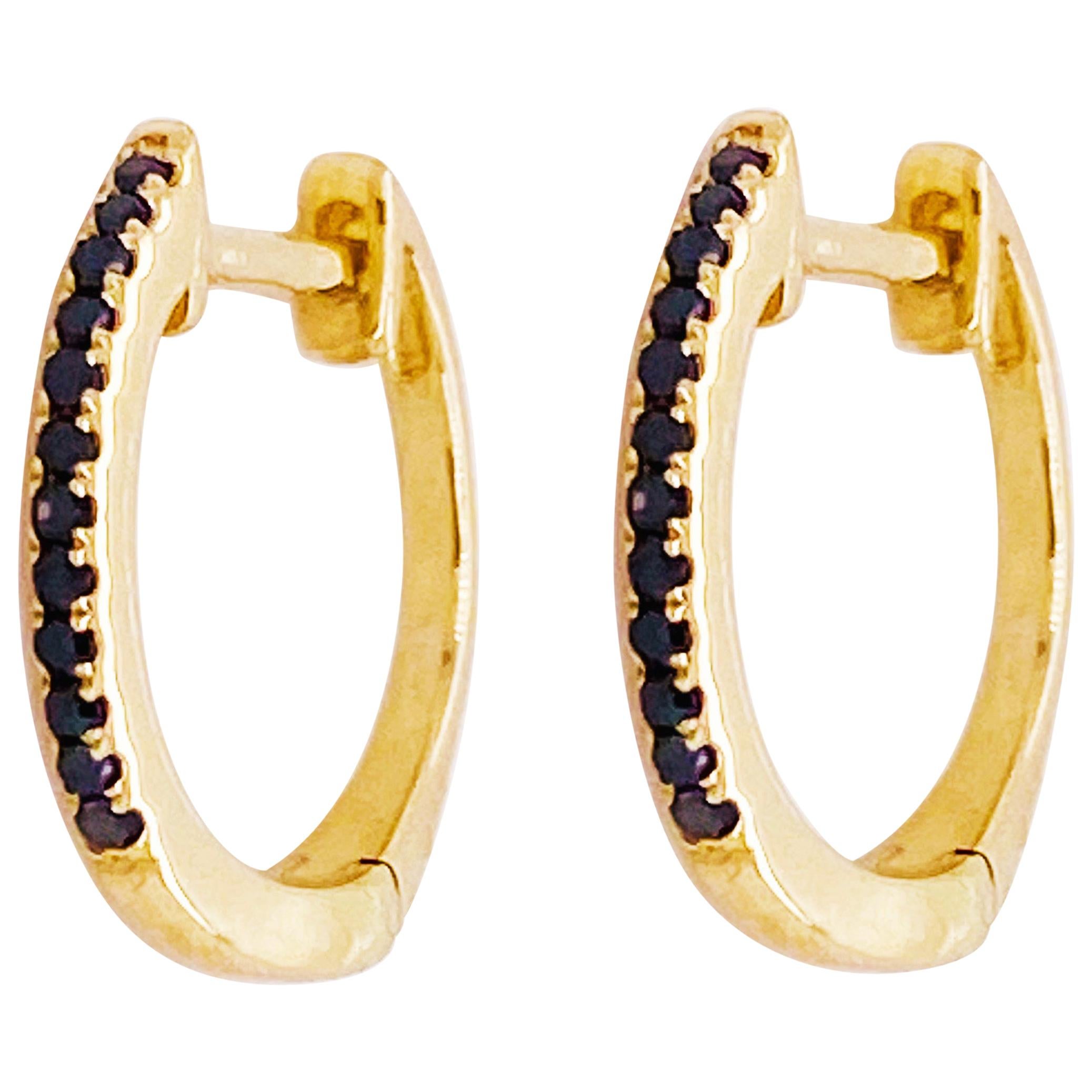 Black Diamond Mini Hoop Earrings Solid 14k Yellow Gold Bridal Minimalist Jewelry 
