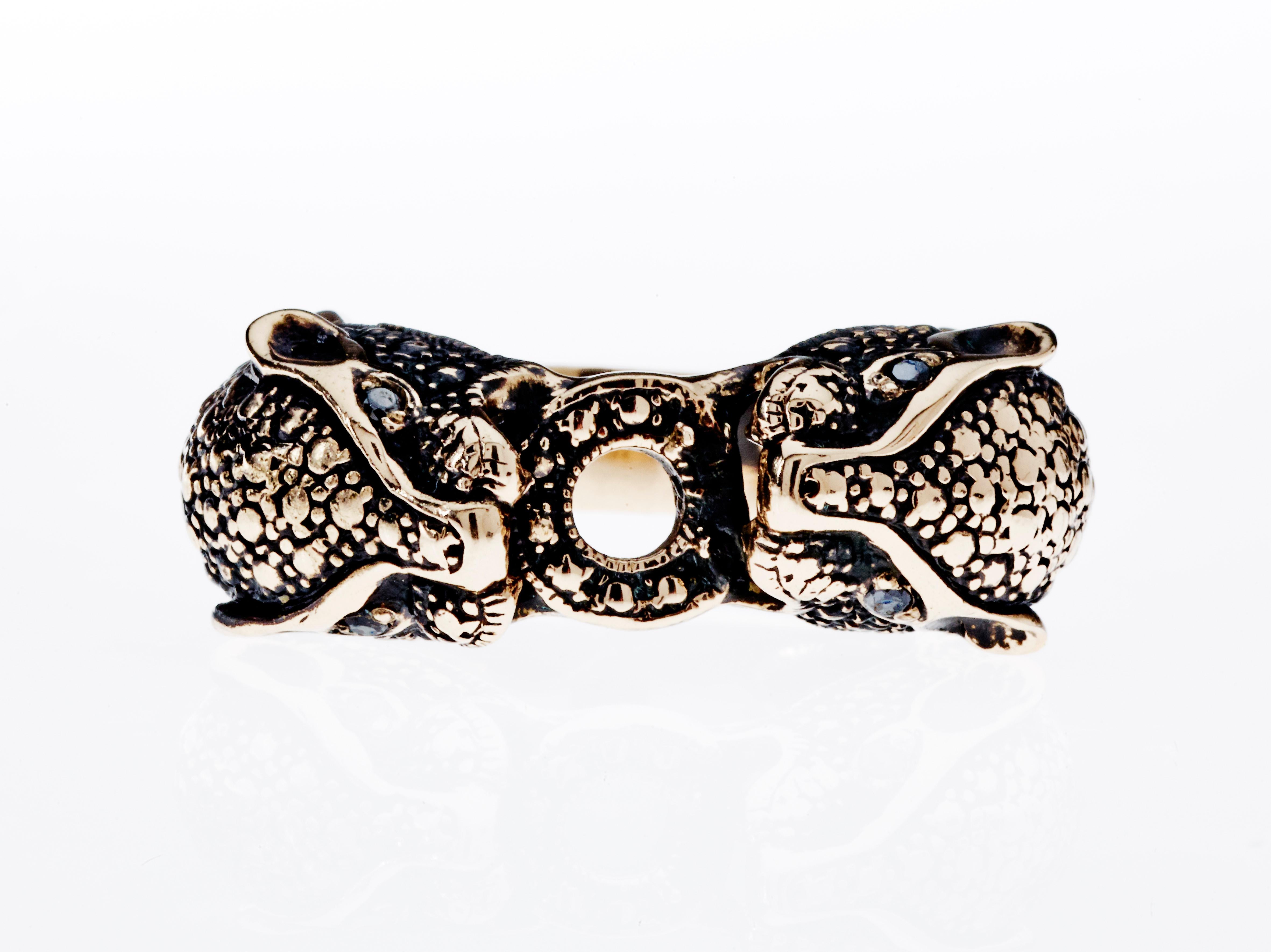 Brilliant Cut Black Diamond Jaguar Ring Bronze Animal Jewelry J Dauphin For Sale