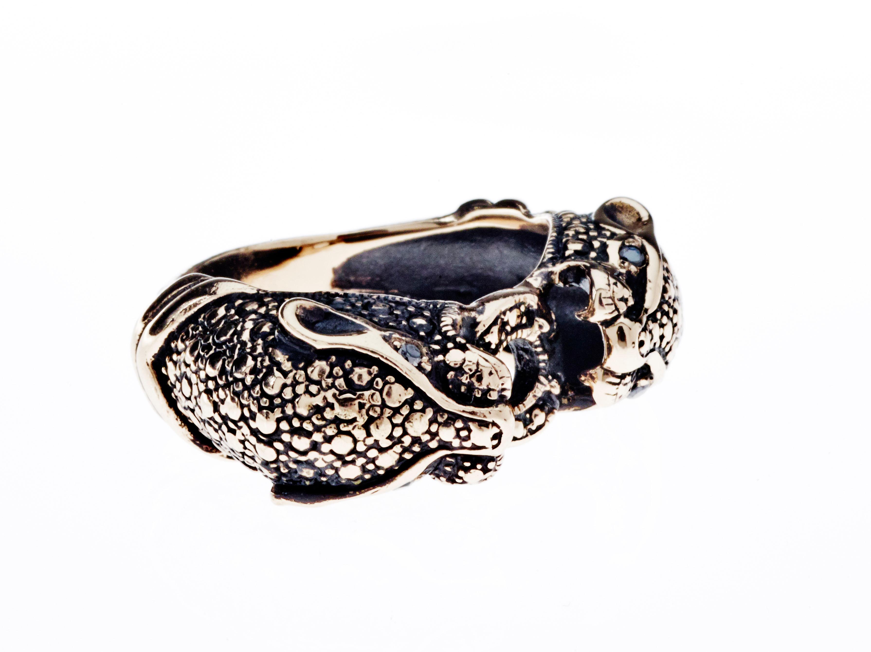Contemporary Black Diamond Jaguar Ring Bronze Antique Polish Animal Jewelry J Dauphin For Sale