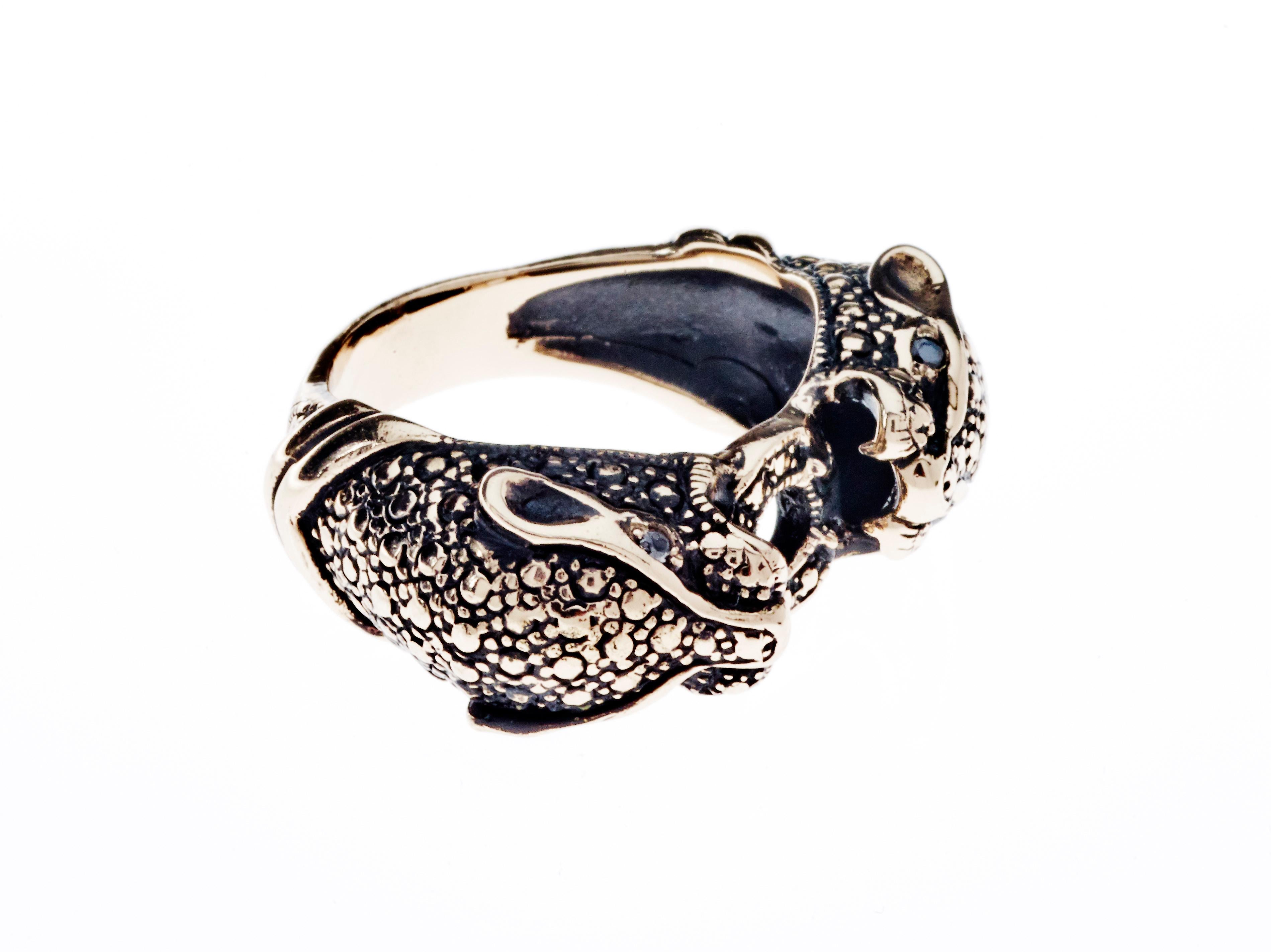 Brilliant Cut Black Diamond Jaguar Ring Bronze Antique Polish Animal Jewelry J Dauphin For Sale