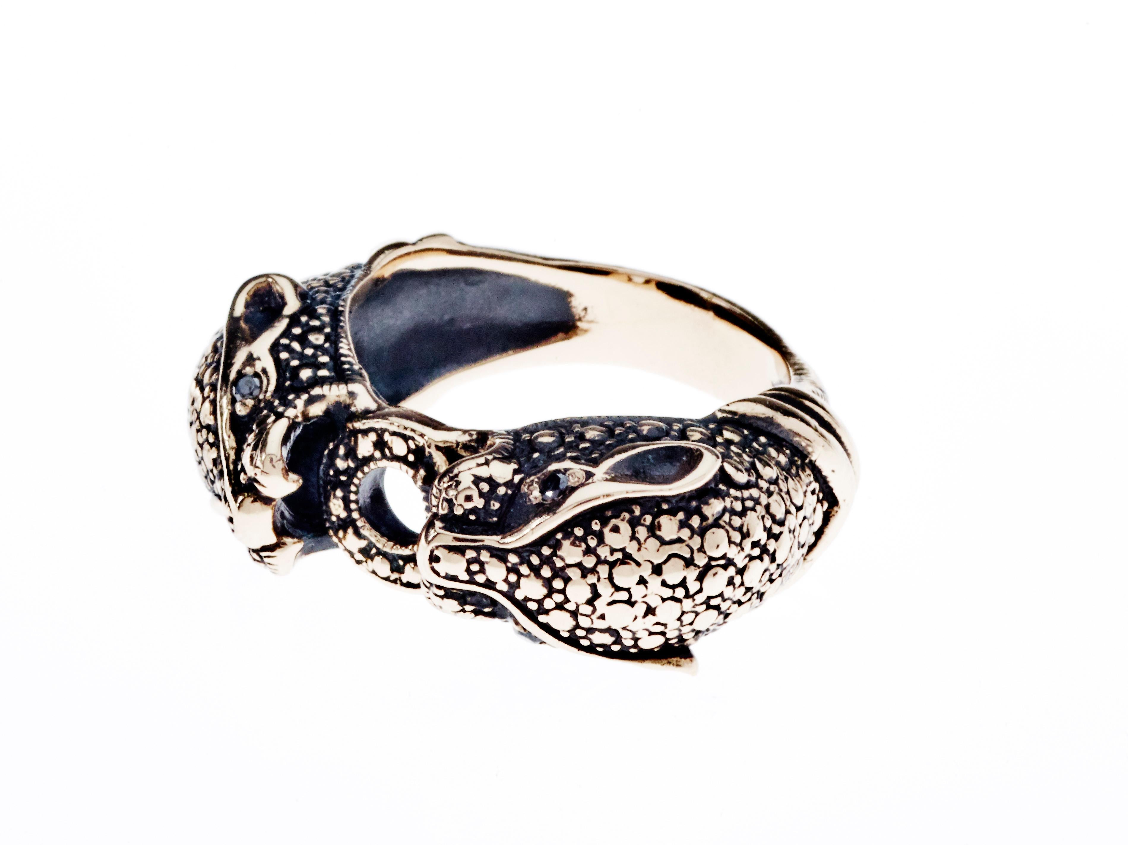 Black Diamond Jaguar Ring Bronze Antique Polish Animal Jewelry J Dauphin In New Condition For Sale In Los Angeles, CA