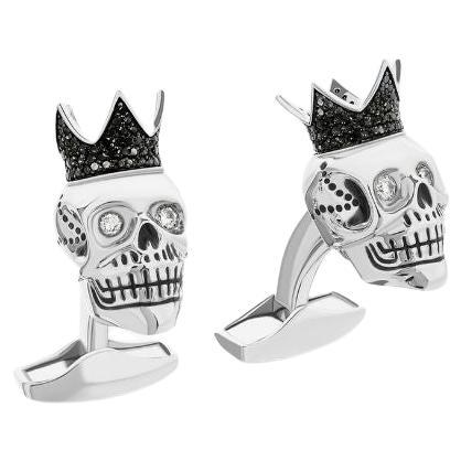 Boutons de manchette crâne de roi en argent sterling et diamants noirs avec diamants blancs en vente