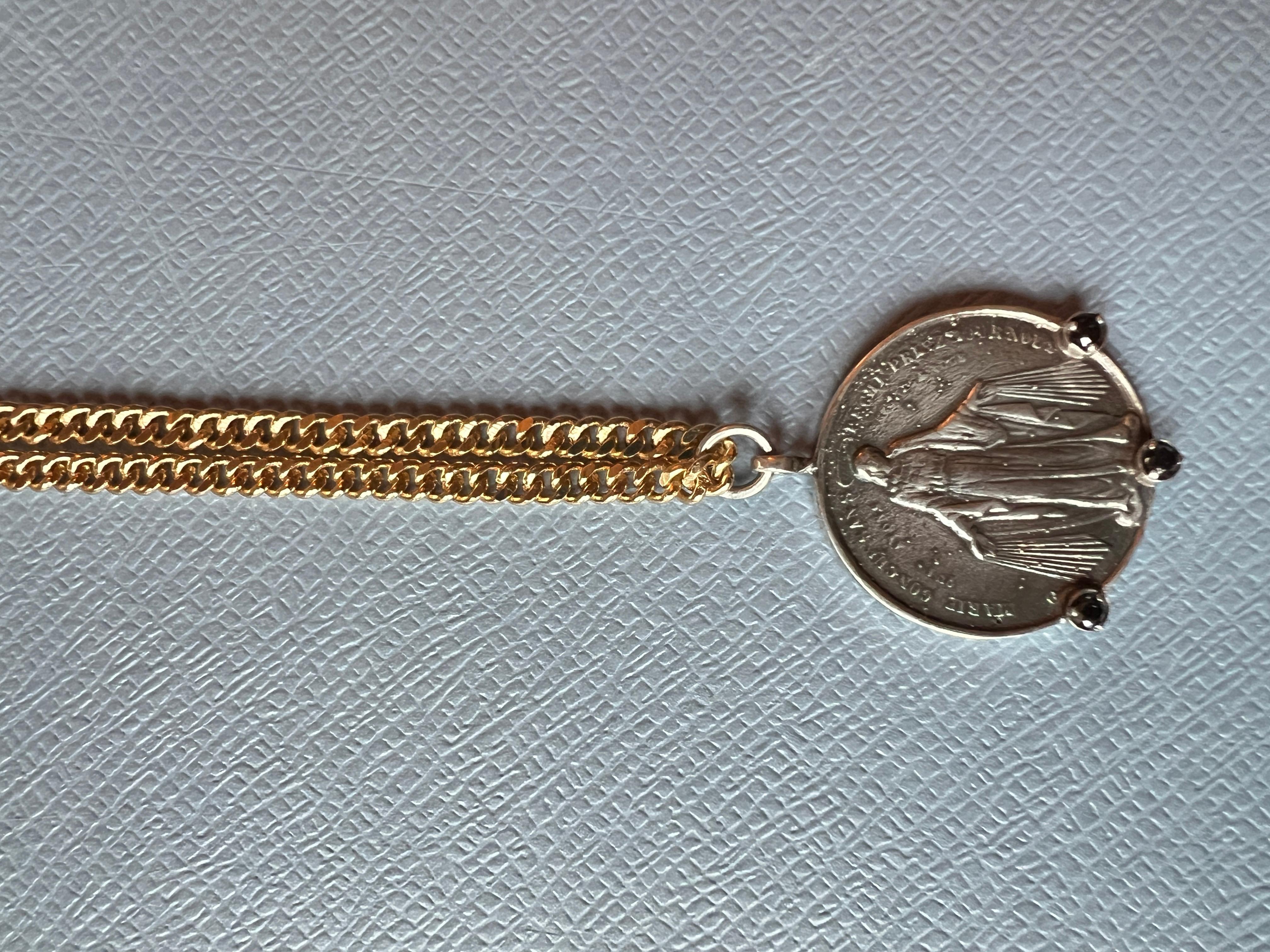 Victorian Black Diamond Medal Chain Necklace Virgin Mary Coin Silver For Sale