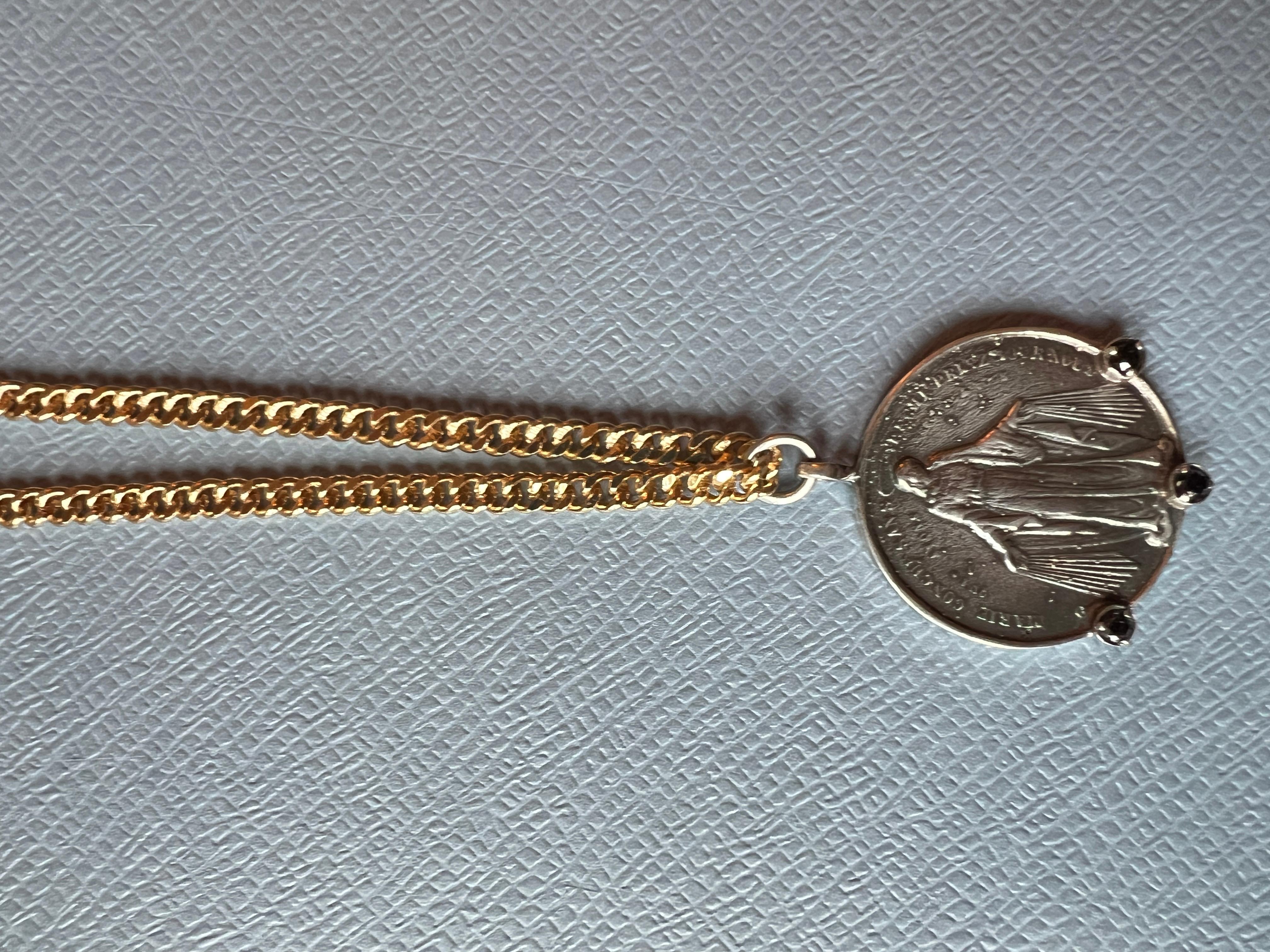 Brilliant Cut Black Diamond Medal Chain Necklace Virgin Mary Coin Silver For Sale