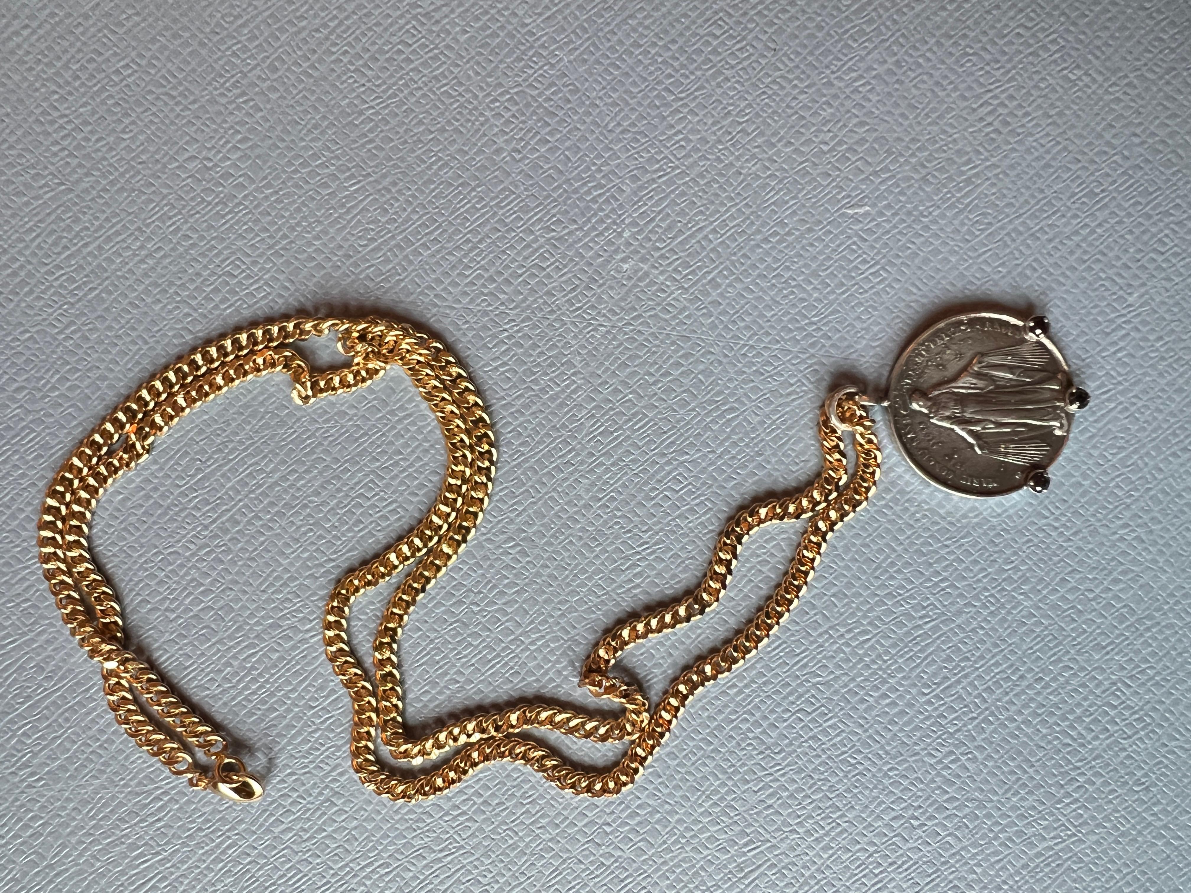 Black Diamond Medal Chain Necklace Virgin Mary Coin Silver In New Condition For Sale In Los Angeles, CA