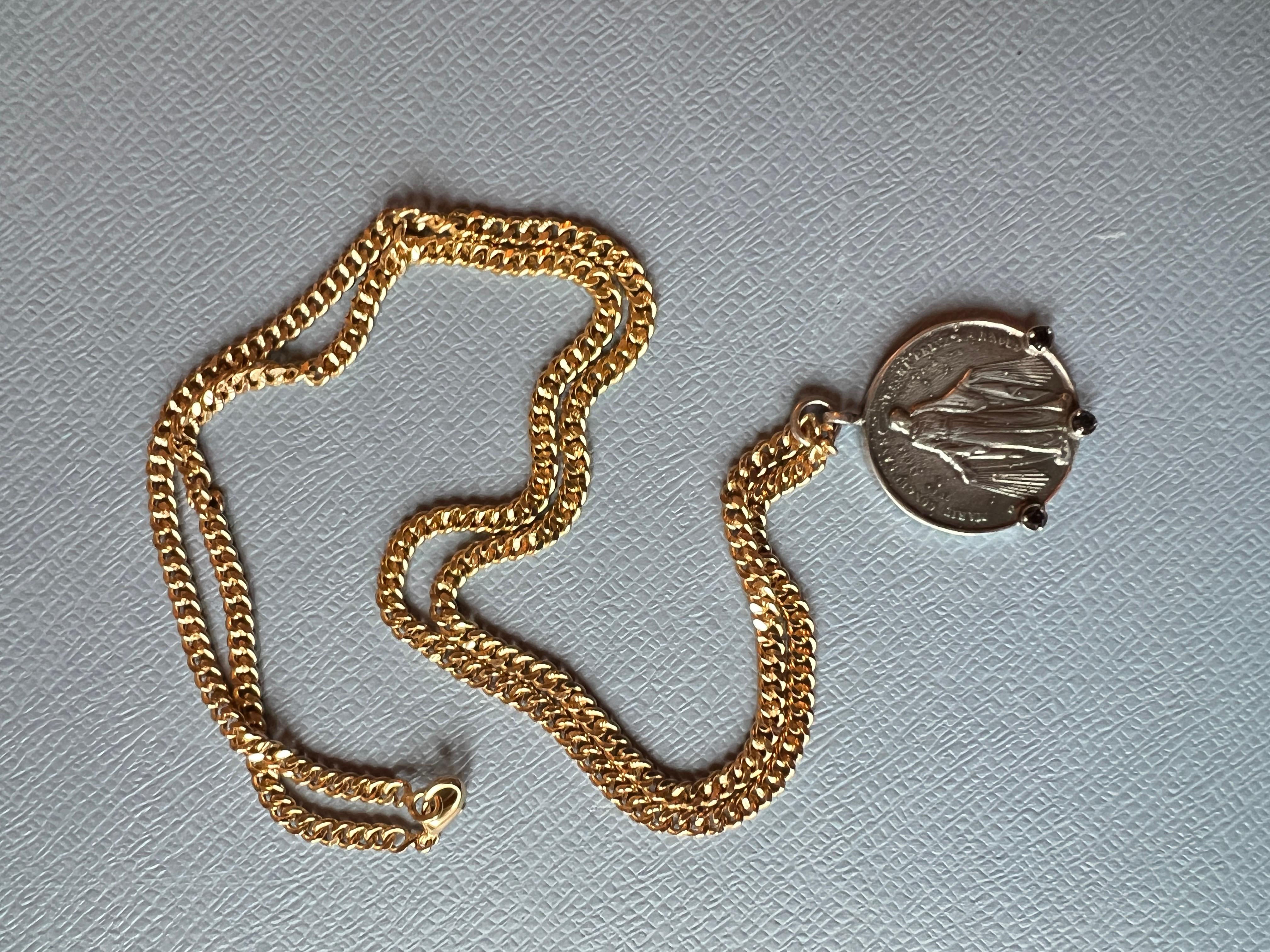 Women's Black Diamond Medal Chain Necklace Virgin Mary Coin Silver For Sale