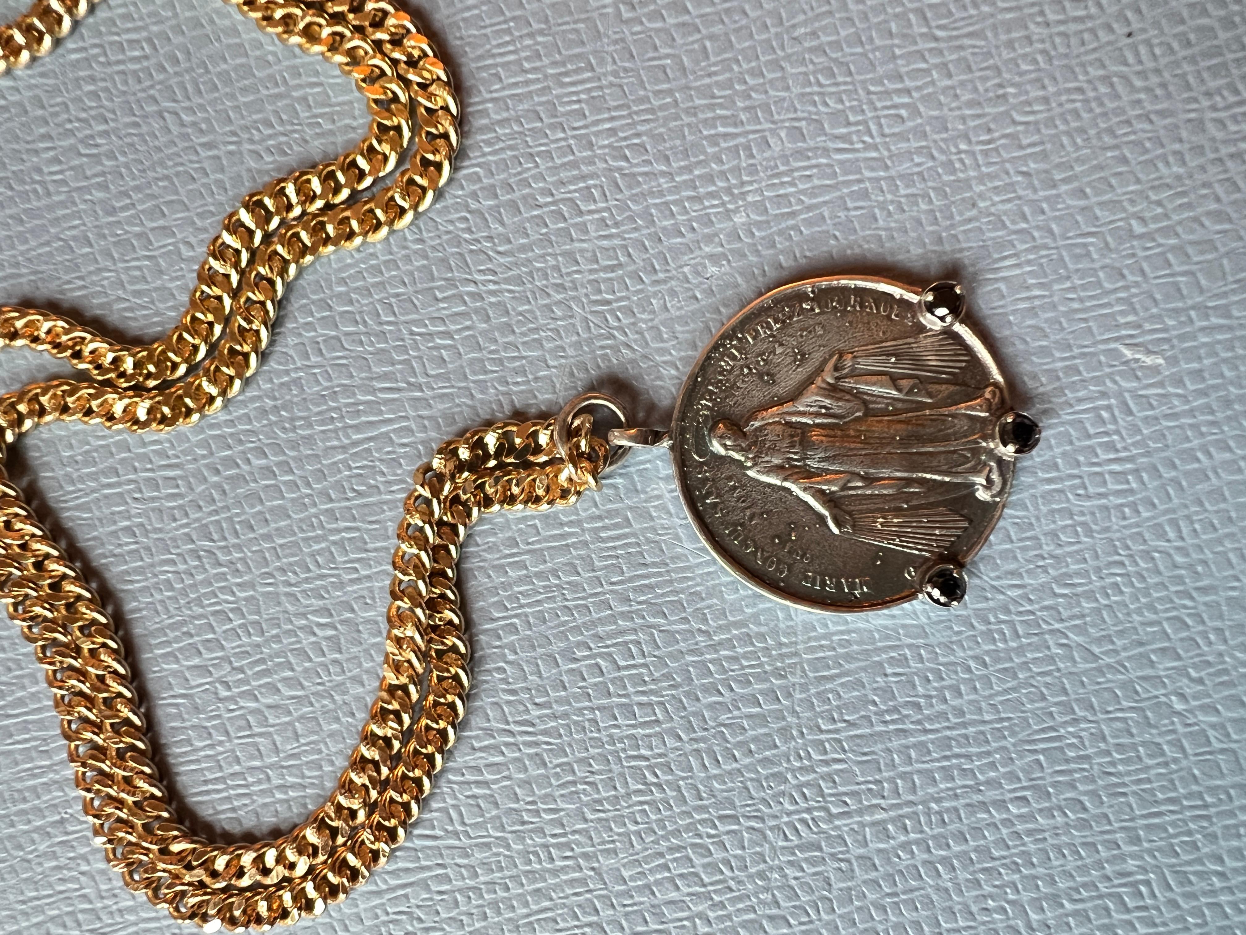 Black Diamond Medal Chain Necklace Virgin Mary Coin Silver For Sale 1