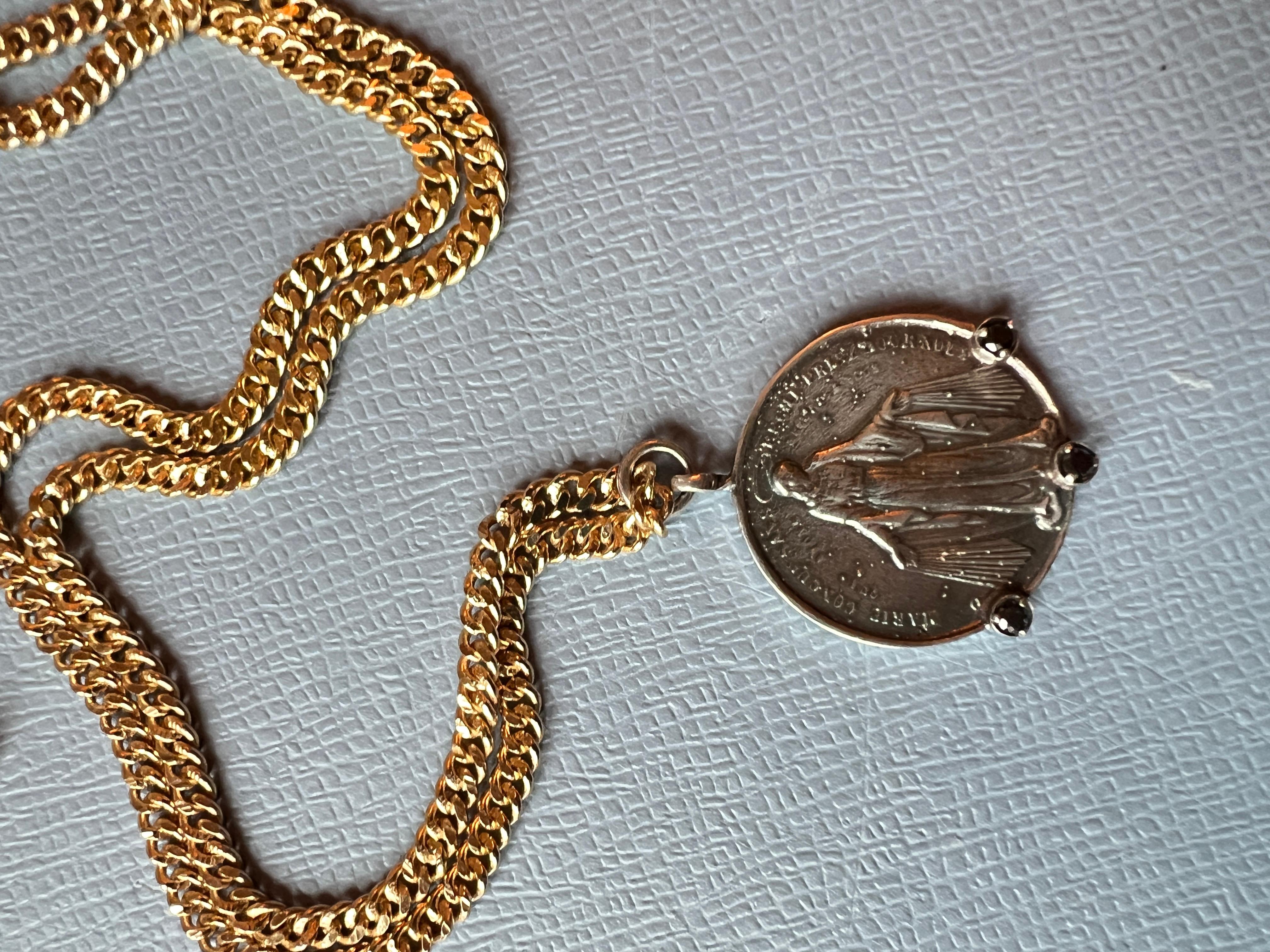 Black Diamond Medal Chain Necklace Virgin Mary Coin Silver For Sale 2