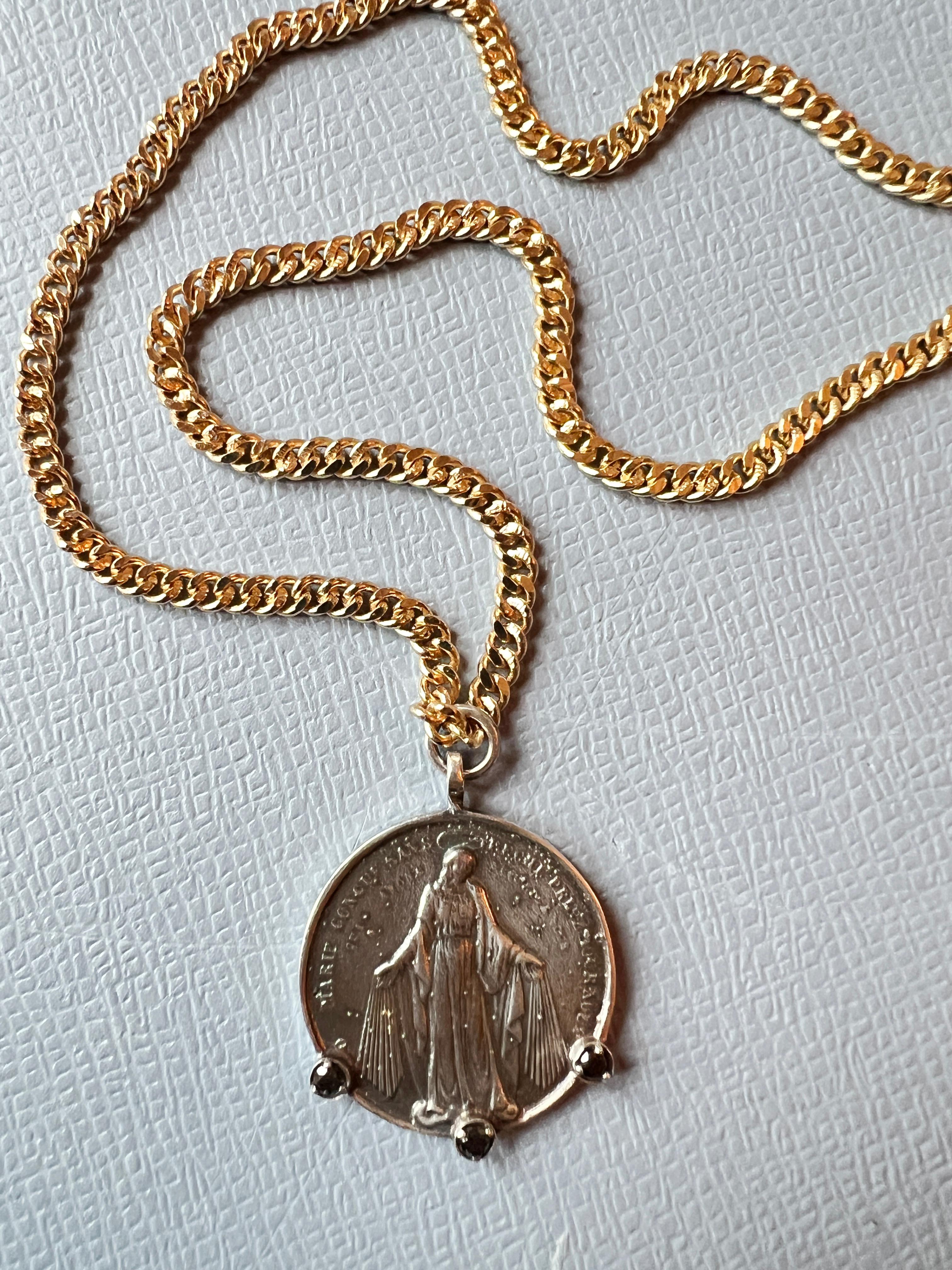 Black Diamond Medal Chain Necklace Virgin Mary Coin Silver For Sale 3