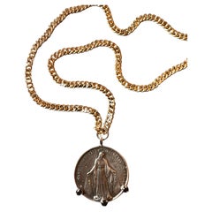 Chaîne de médailles en diamant noir Collier Vierge Marie Pièce de monnaie en argent