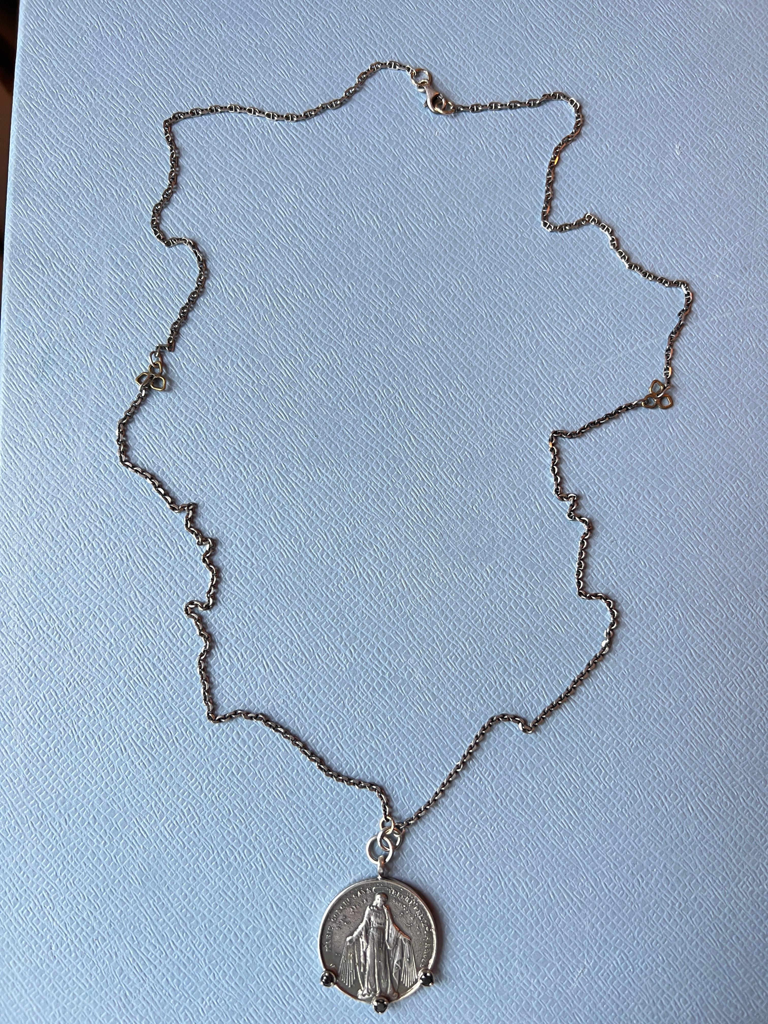 Black Diamond Medal Chain Necklace Silver For Sale 4