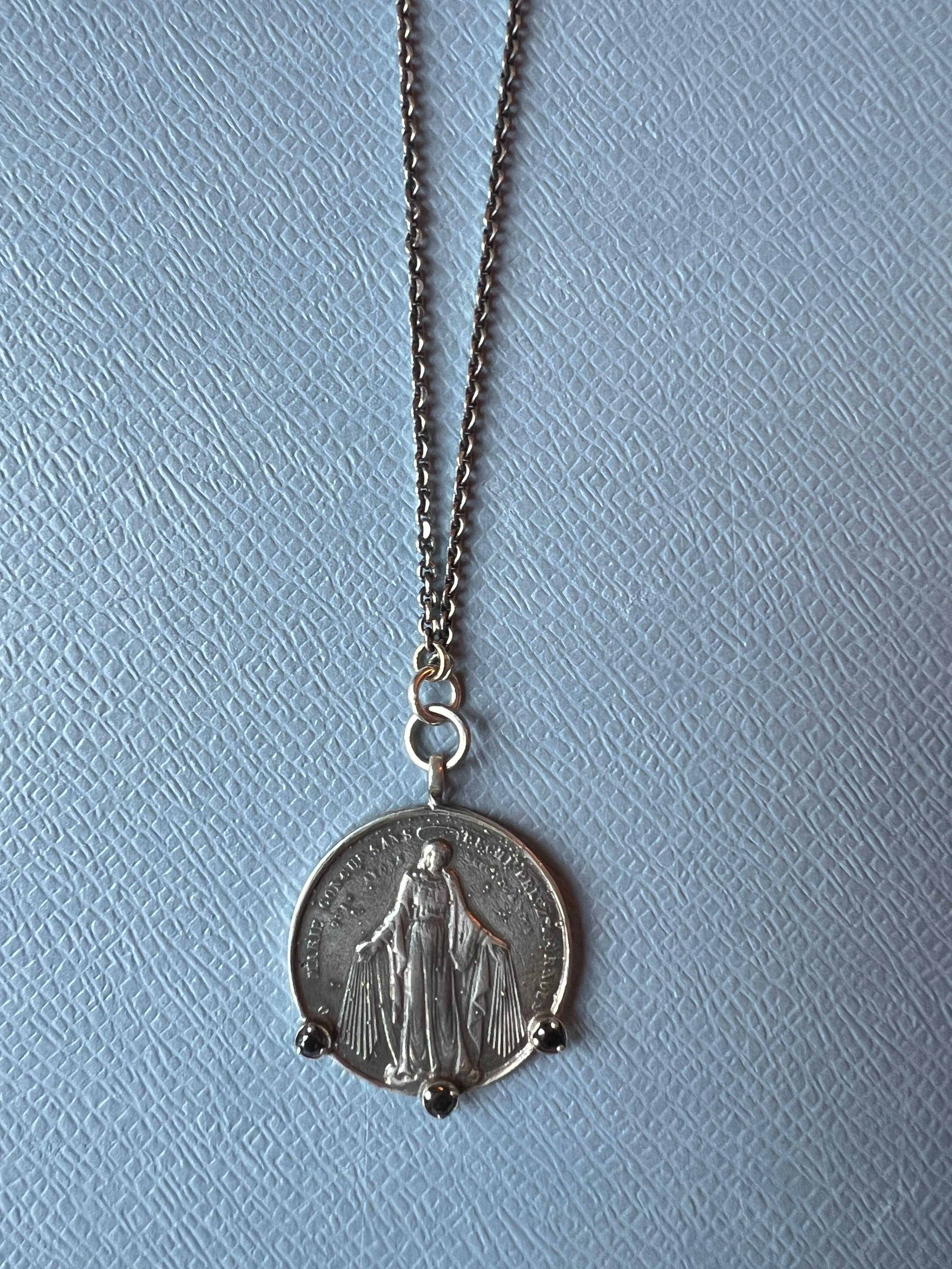 Victorian Black Diamond Medal Chain Necklace Silver For Sale