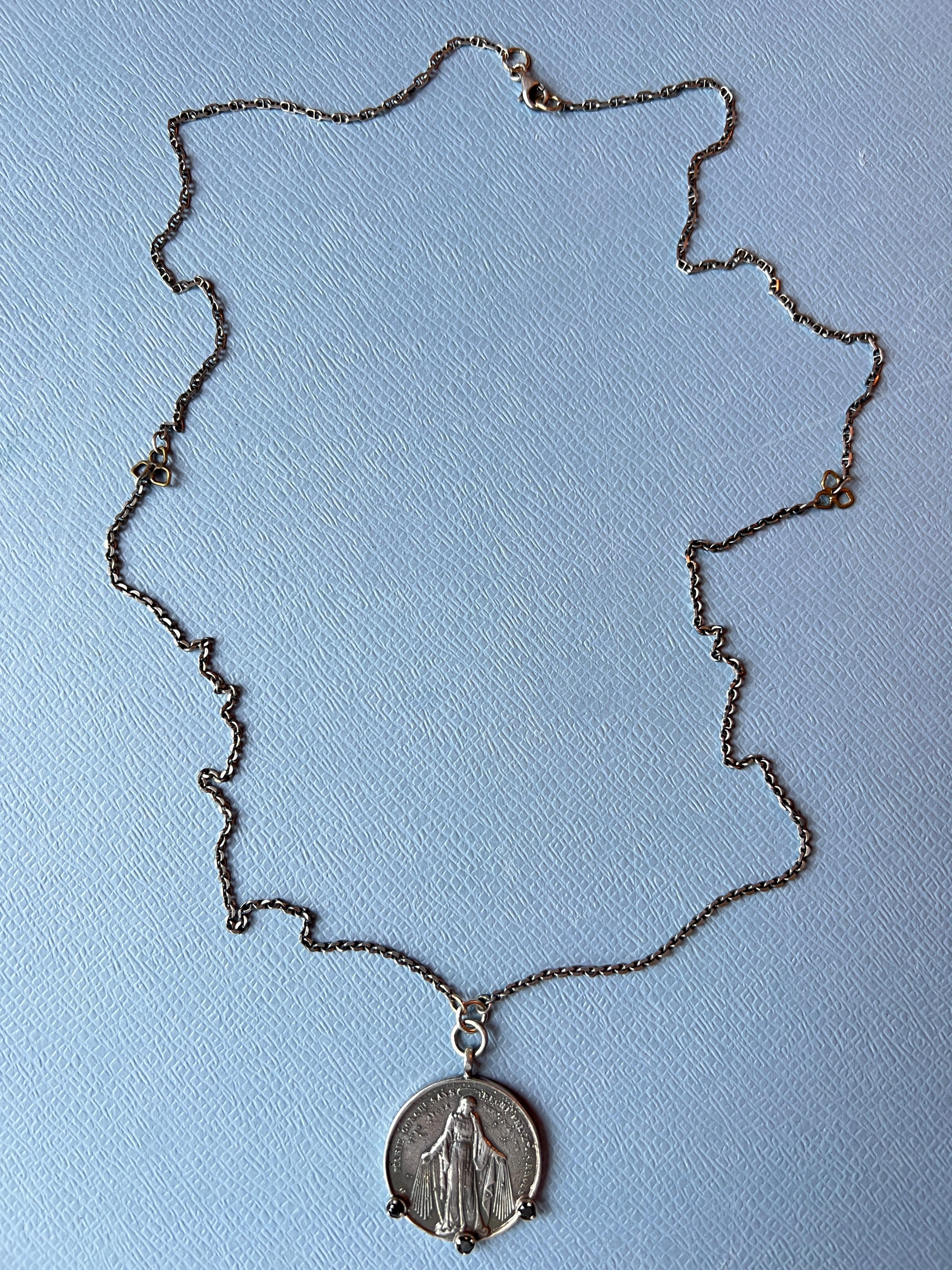 Men's Black Diamond Medal Chain Necklace Silver For Sale