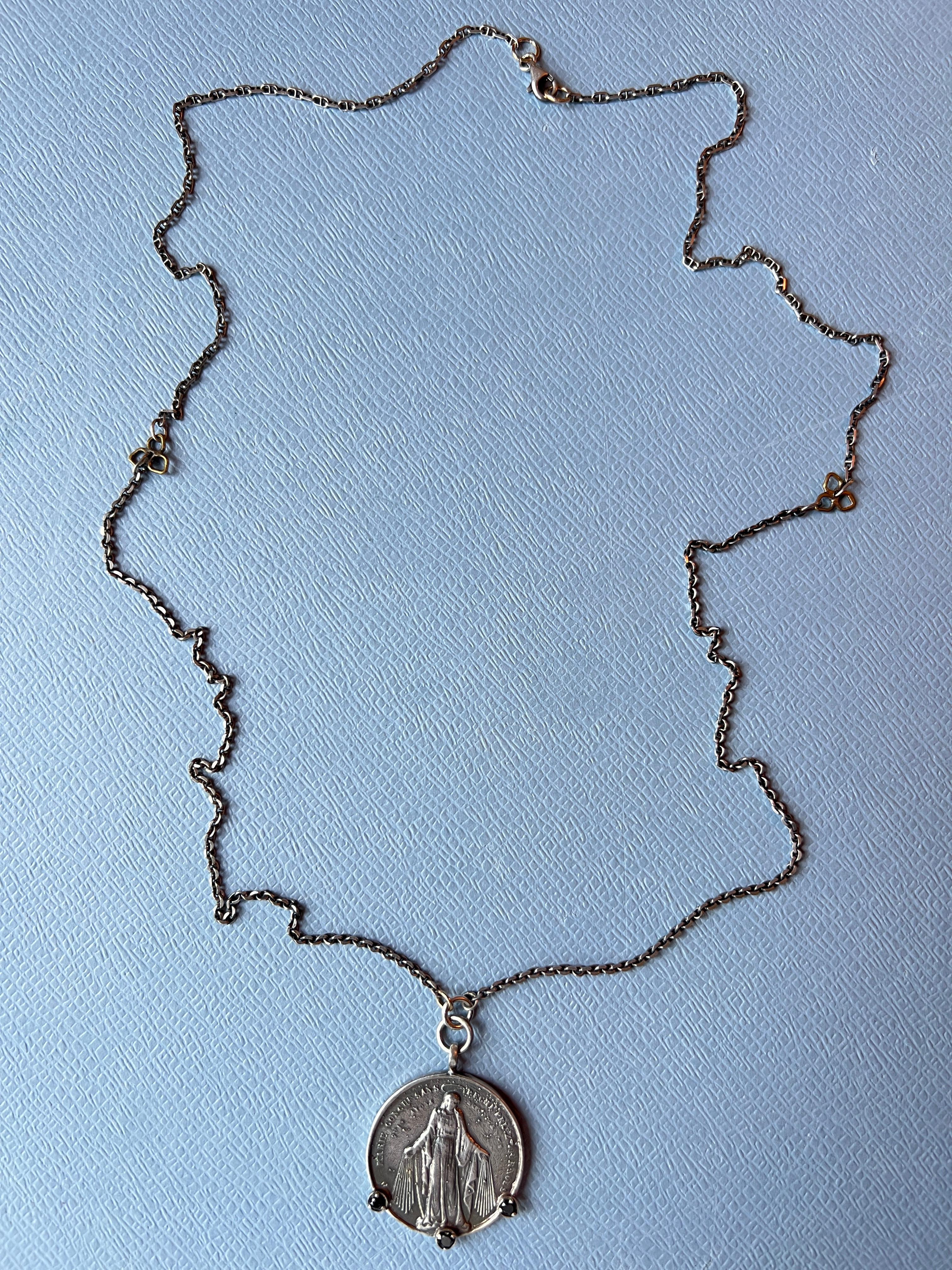 Black Diamond Medal Chain Necklace Silver For Sale 1