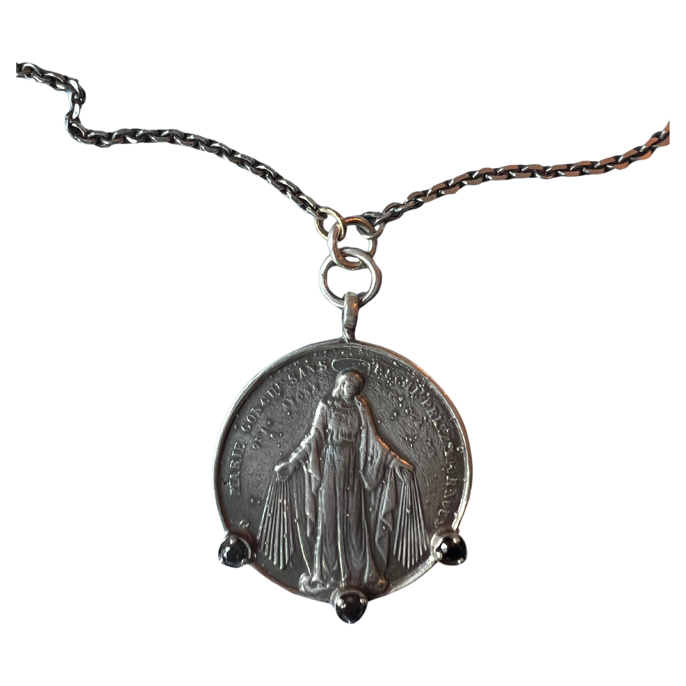 Black Diamond Medal Chain Necklace Silver